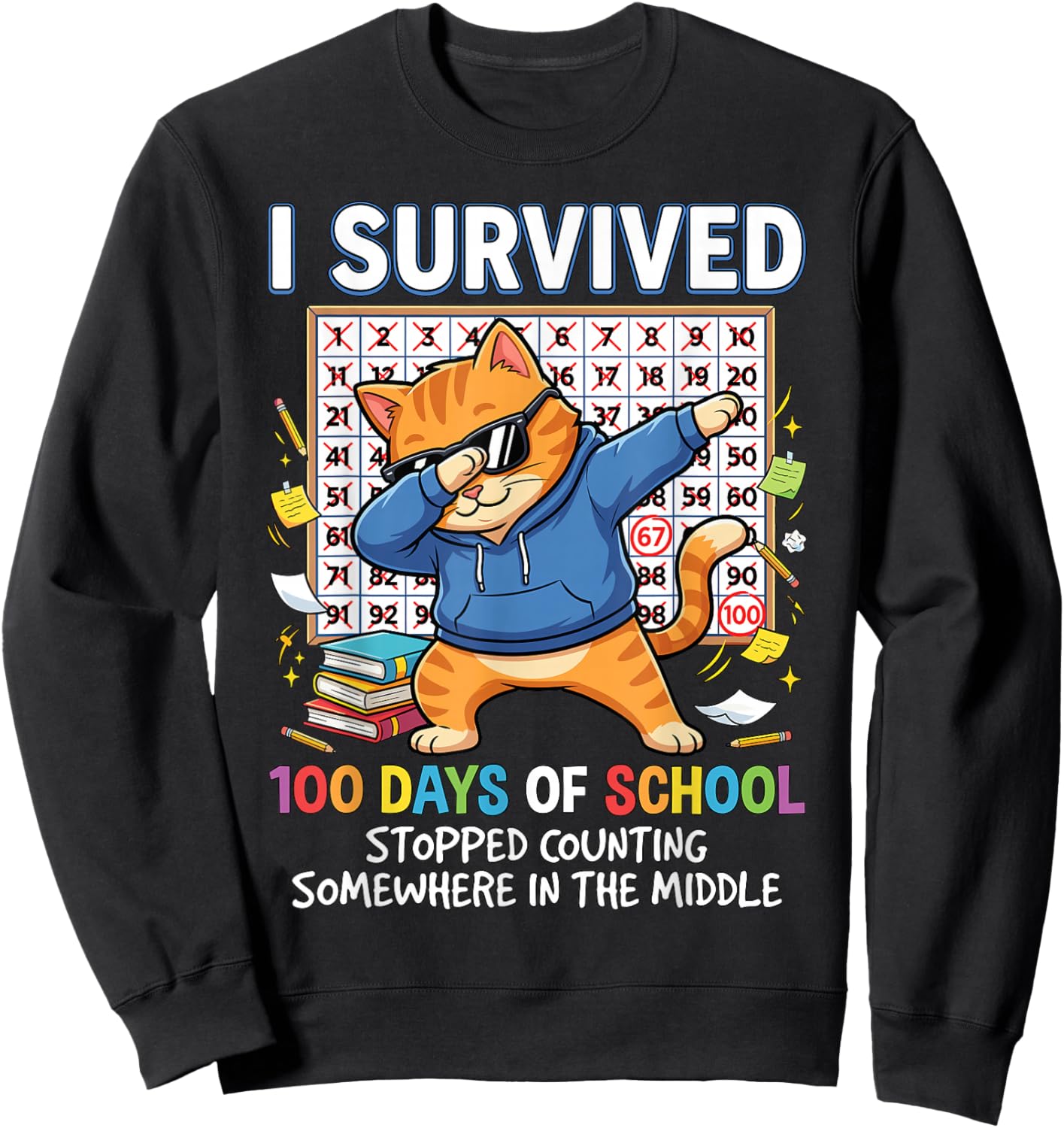 I Survived 100 Days of School Funny Dabbing Cat Student Cool Sweatshirt - Sweatshirt | Black