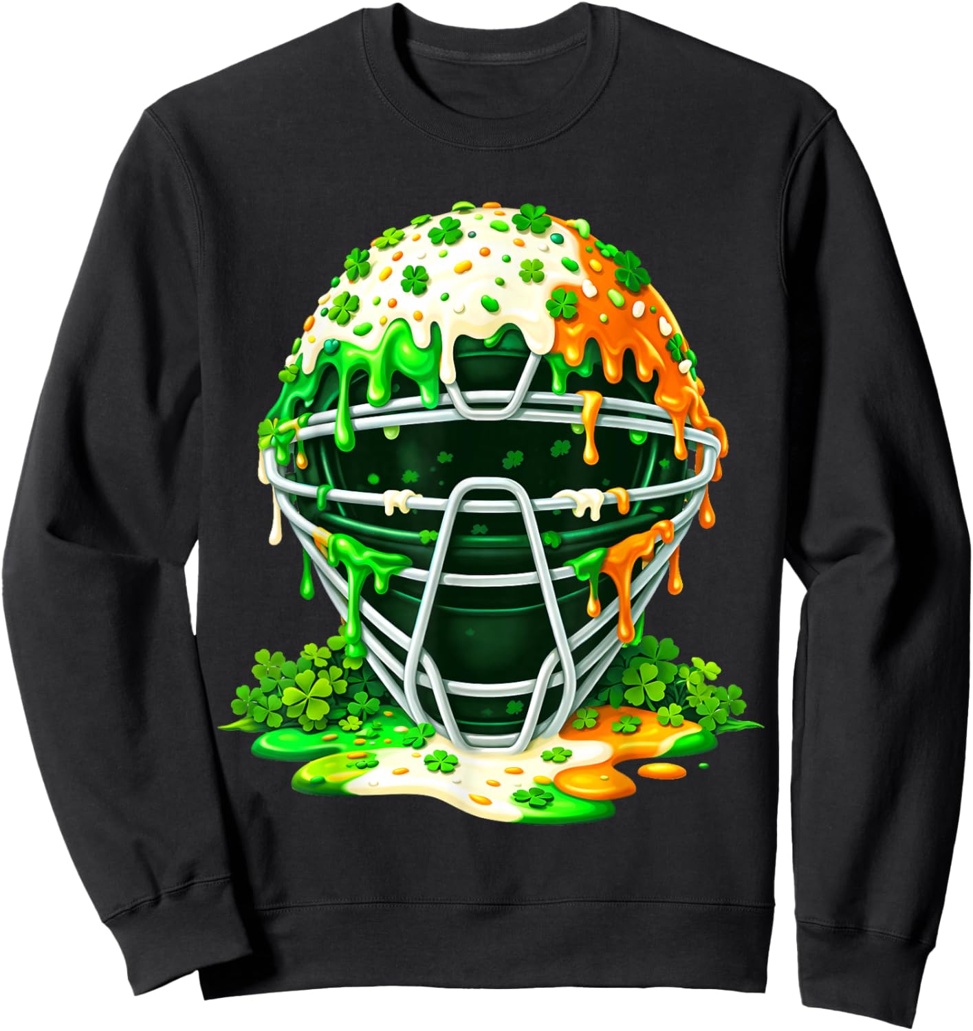 St Patricks Day Baseball Catcher Mask Drip Ice Cream Clover Sweatshirt - Sweatshirt | Black