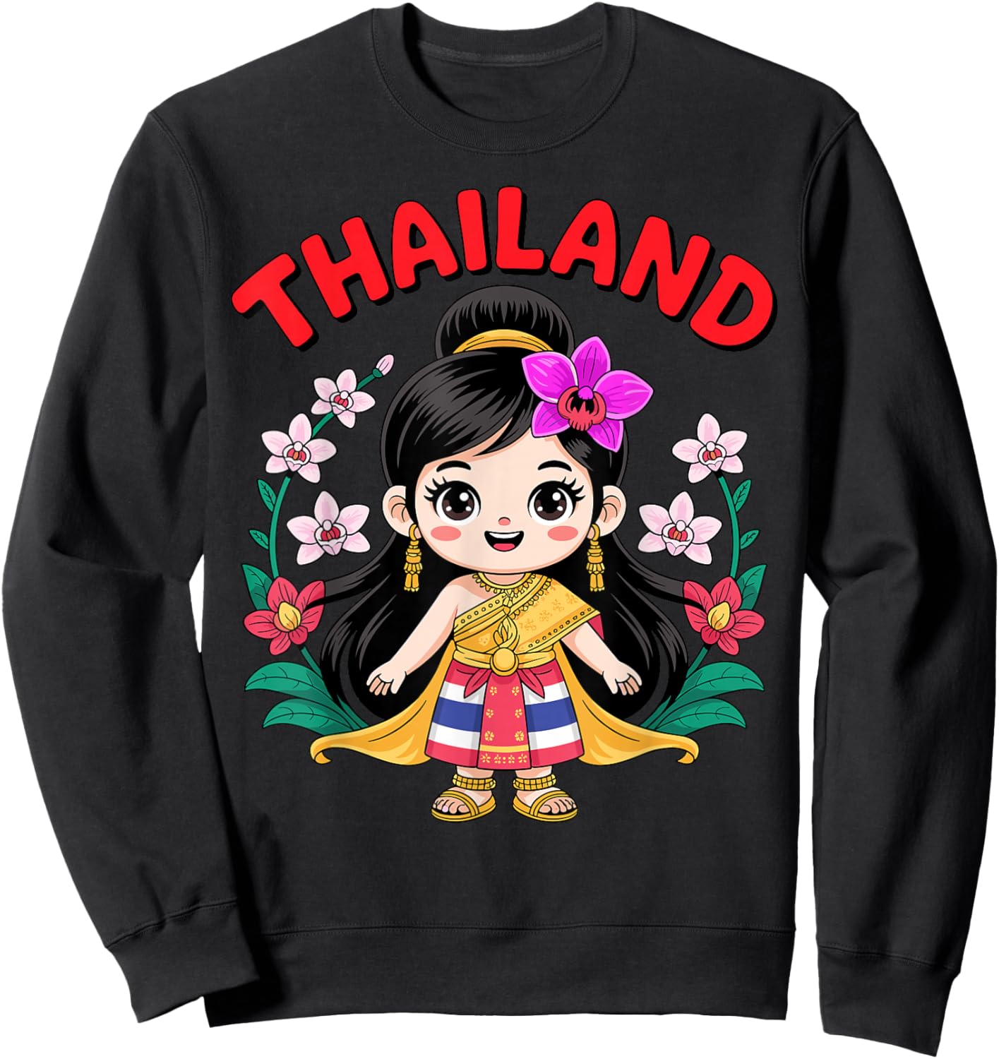 Cute Thailand Girl Traditional Dress with Orchids for Kids Sweatshirt - Sweatshirt | Black