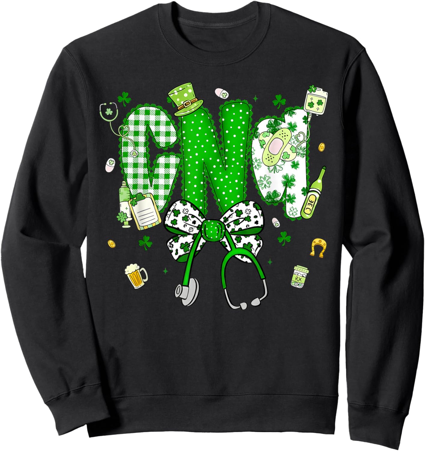 Patrick's Day CNA Coquette Bow Stethoscope Shamrock Sweatshirt - Sweatshirt | Black