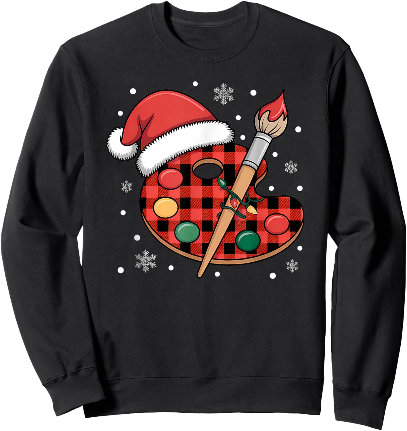 Buffalo Plaid Artist Palette with Santa Hat Holiday Painting Sweatshirt - Sweatshirt | Black