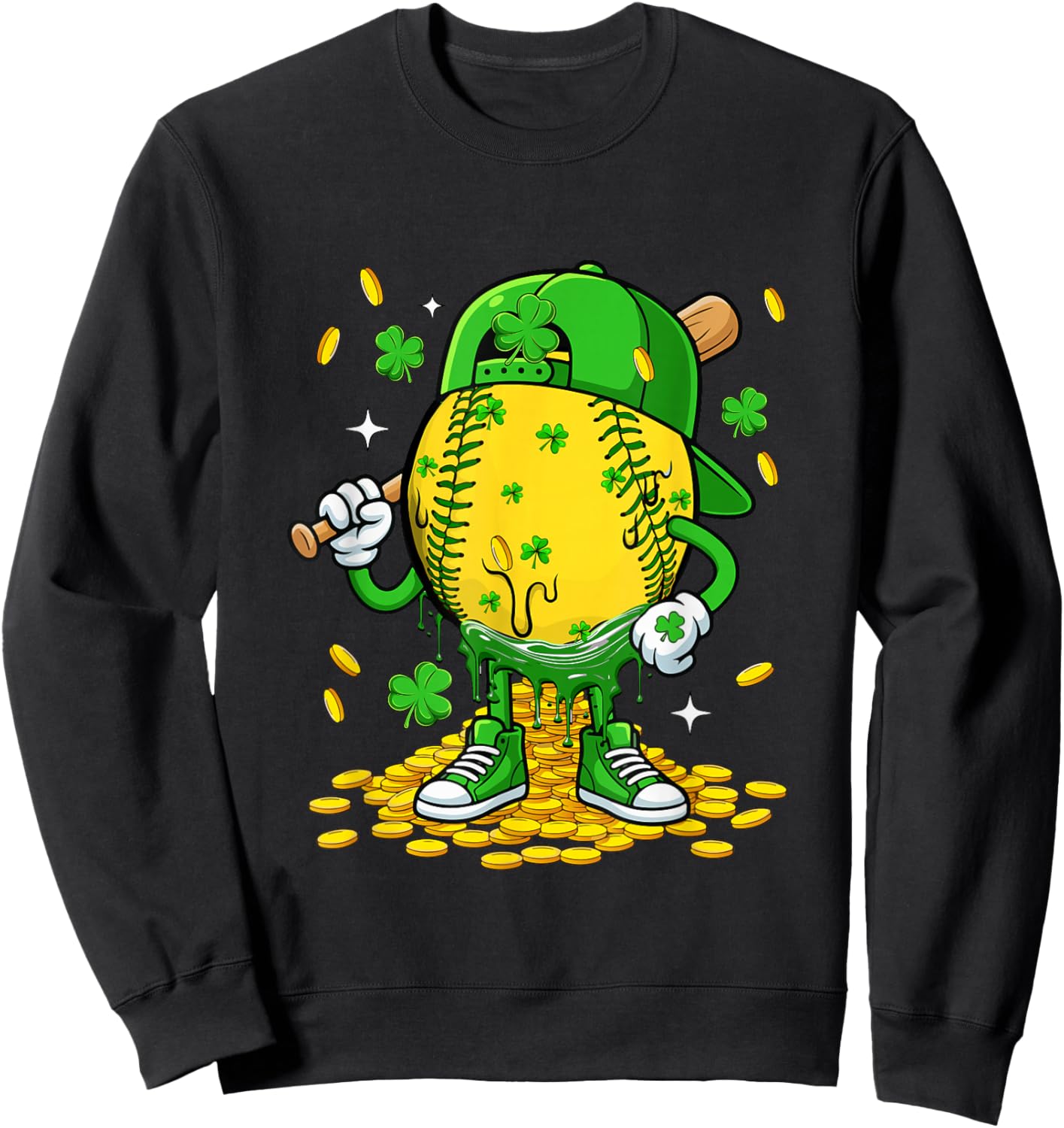 Softball Ball St. Patrick's Day Player Funny Costume Dripped Sweatshirt - Sweatshirt | Black
