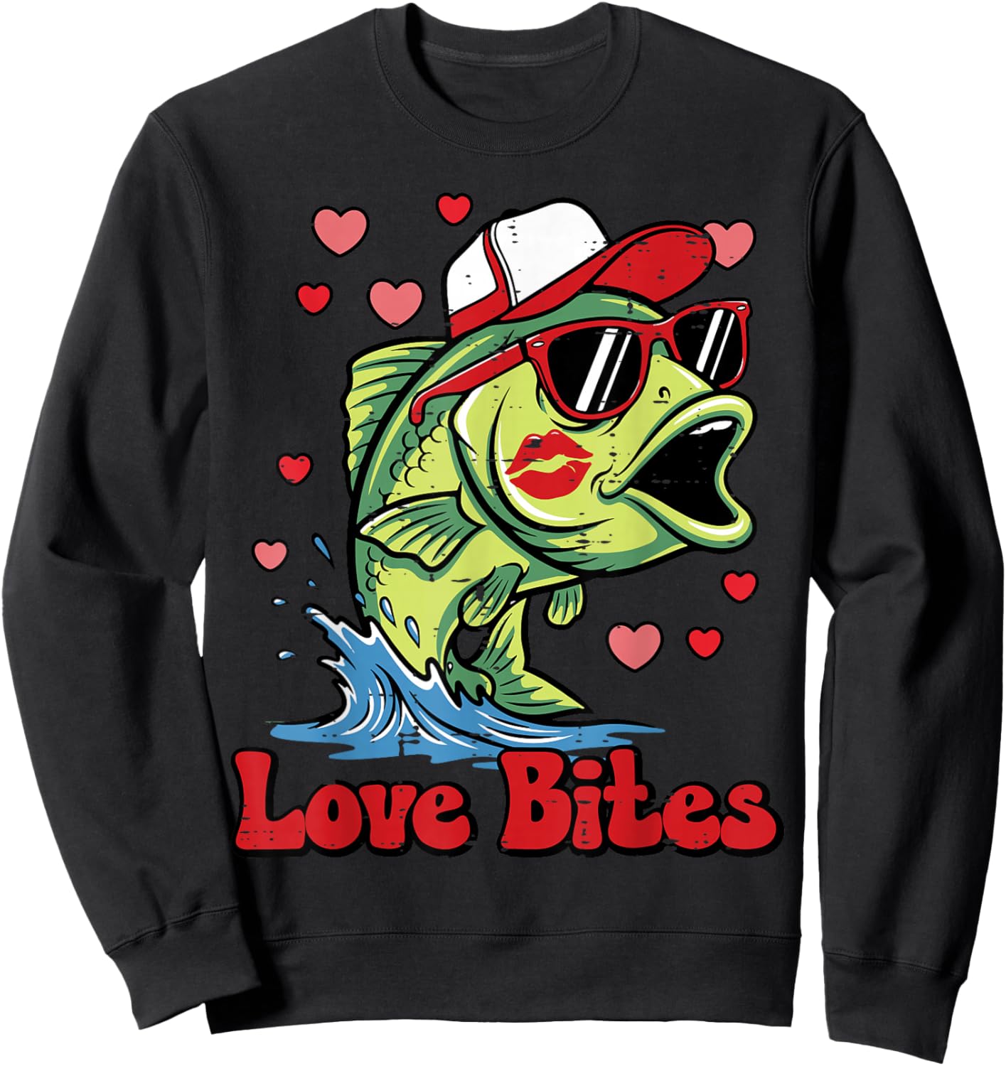 Valentines Day Bass Fish Love Bites Fisherman Men Women Kids Sweatshirt - Sweatshirt | Black