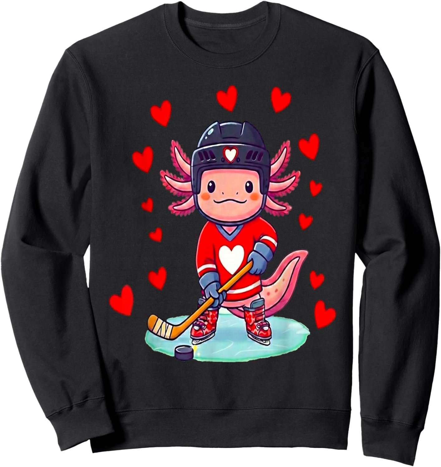 Axolotl Hearts Costume Playing Ice Hockey Valentines Day Sweatshirt - Sweatshirt | Black