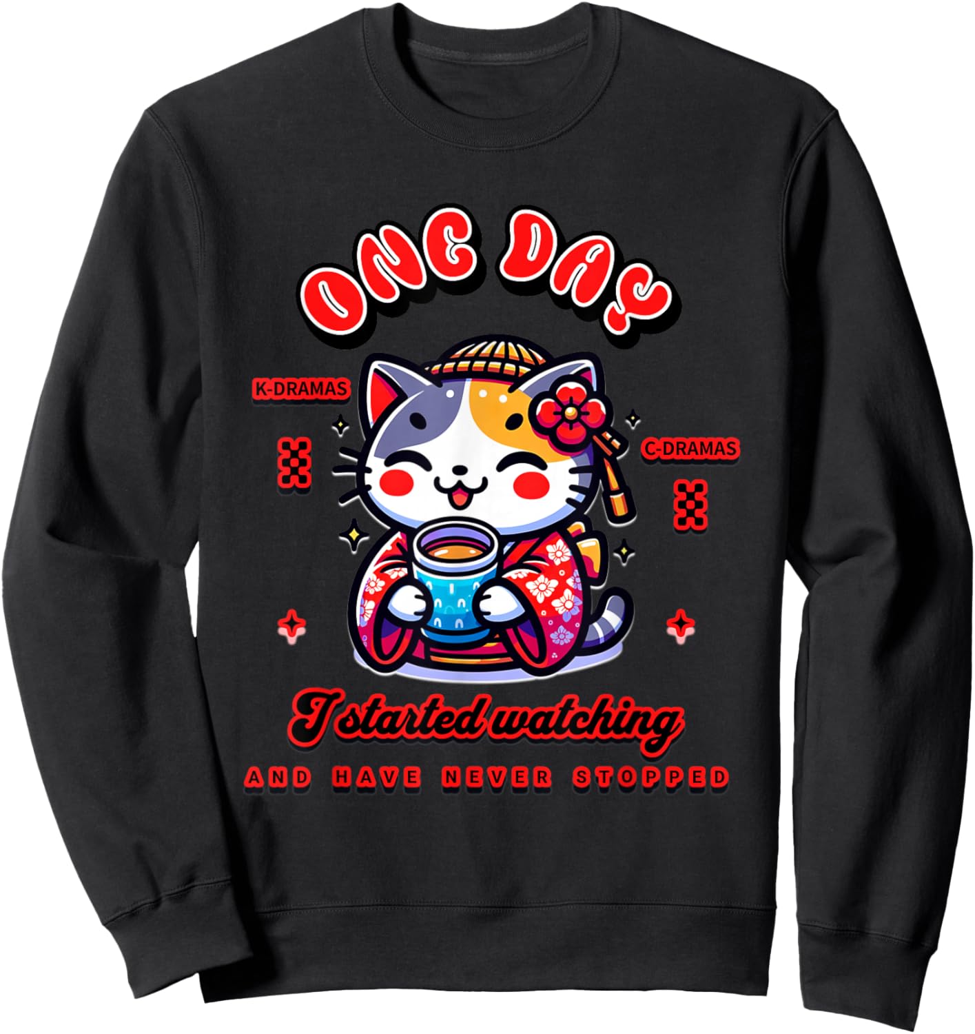 Cute Cat Watching K-Dramas and C-Dramas Sweatshirt - Sweatshirt | Black