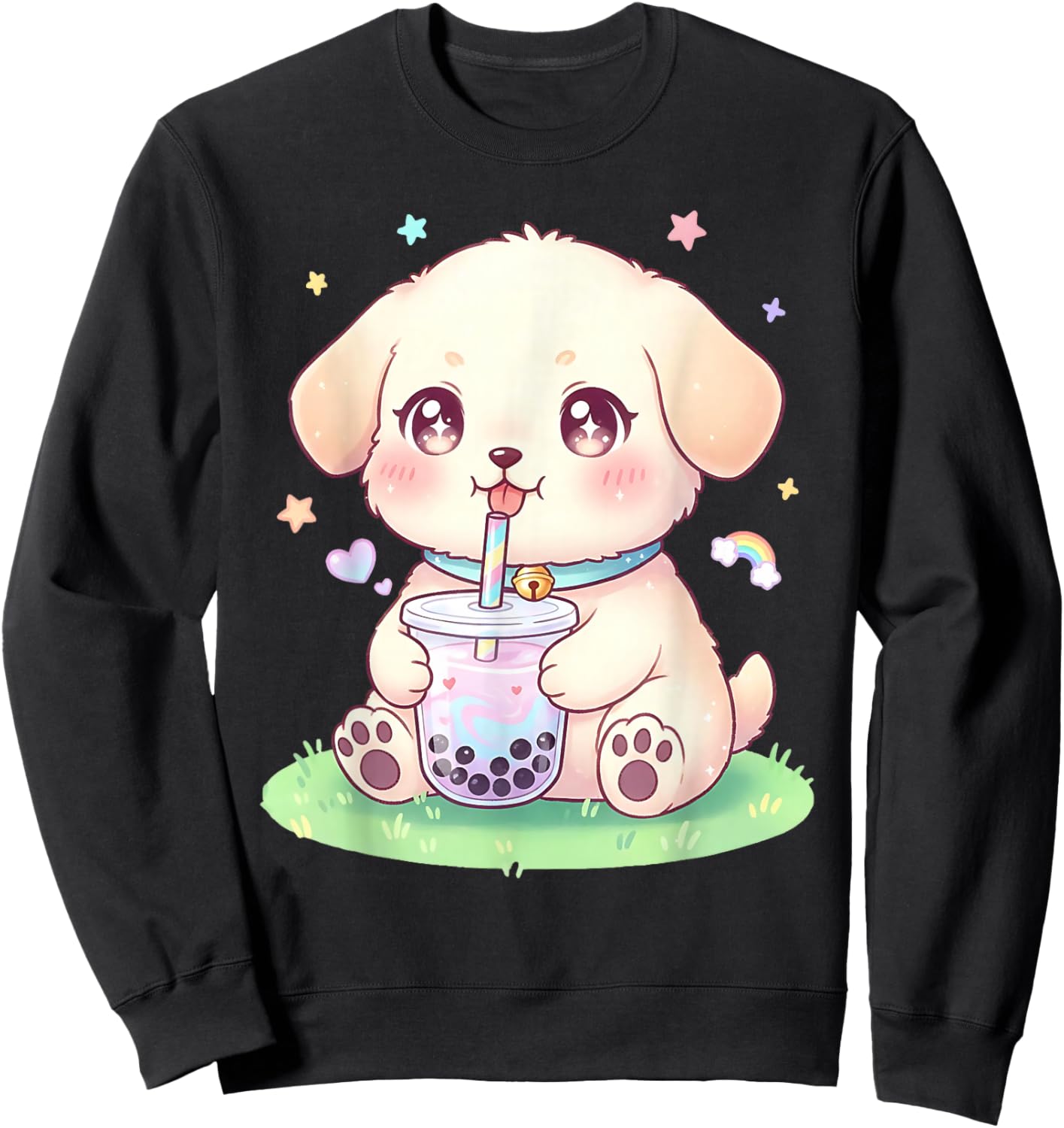 Puppy Dog Drinking Boba Tea Cute Girls Graphic Sweatshirt - Sweatshirt | Black