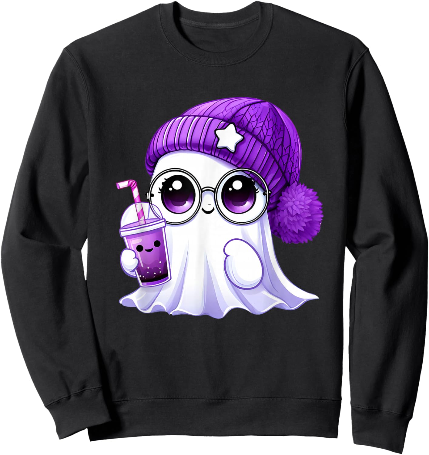 Cute Pink Purple Ghost Coffee Halloween Ghost Men Women Sweatshirt - Sweatshirt | Black