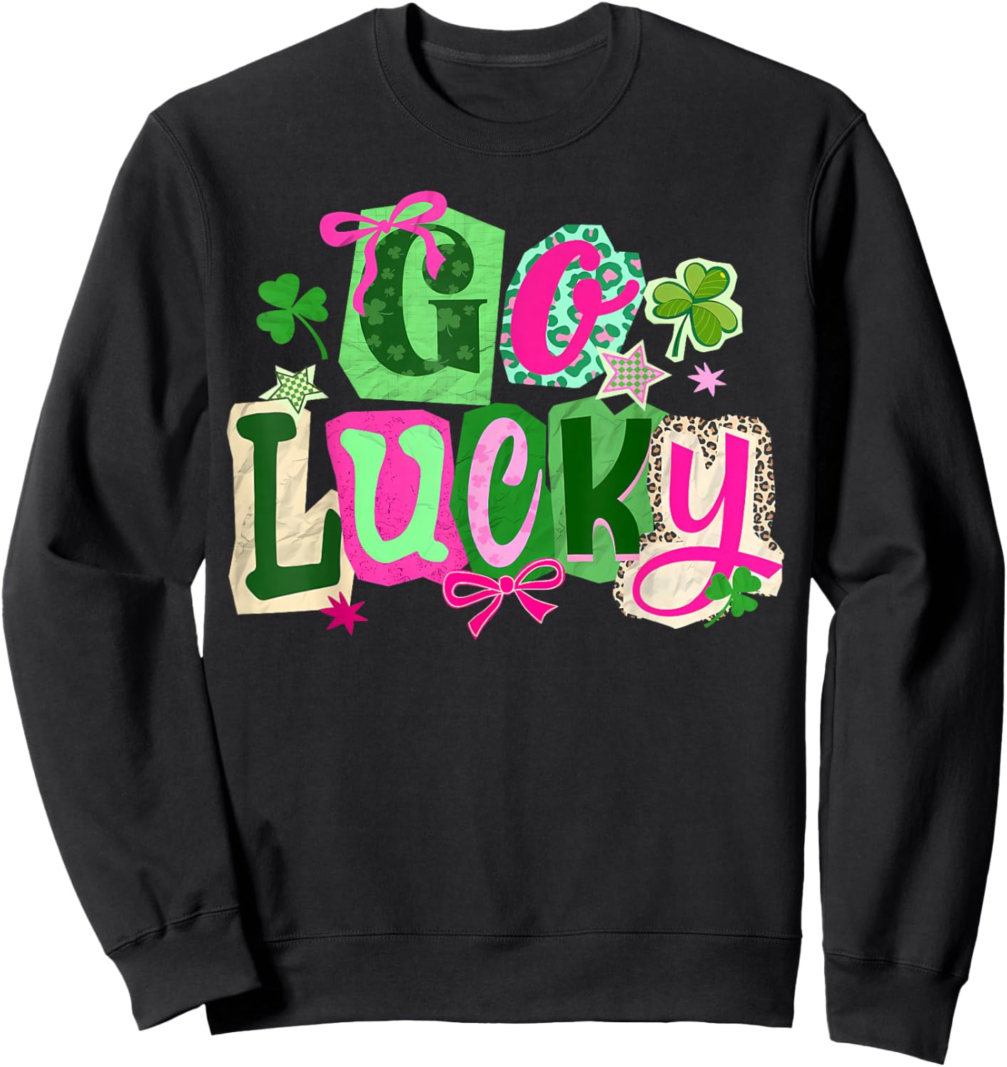 Preppy Happy Go Lucky Coquette Bow Shamrock St Patricks Day Sweatshirt - Sweatshirt | Black
