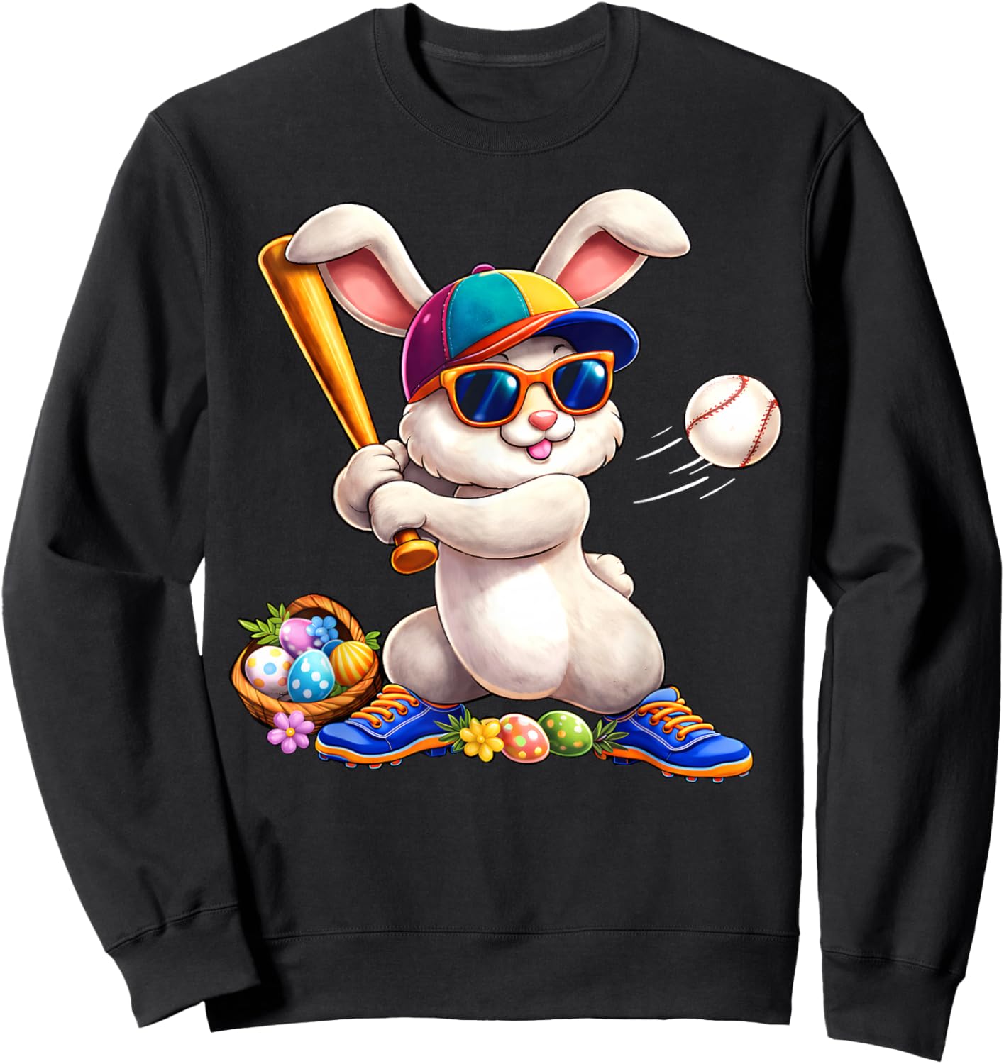 Happy Easter Bunny Playing Baseball Eggs Sports Boys Kids Sweatshirt - Sweatshirt | Black