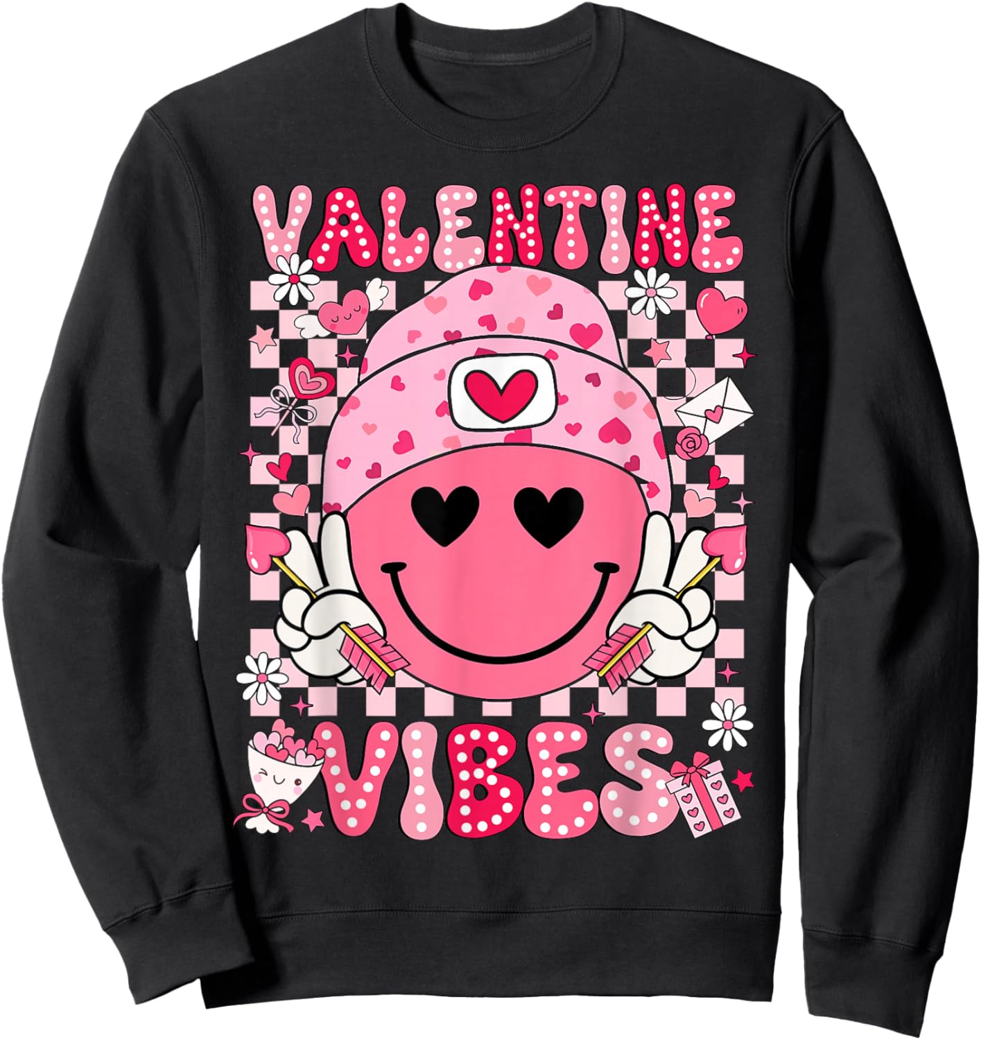 Valentine Vibes Groovy Smile Face Valentines Day Men Women Sweatshirt - Sweatshirt | Black