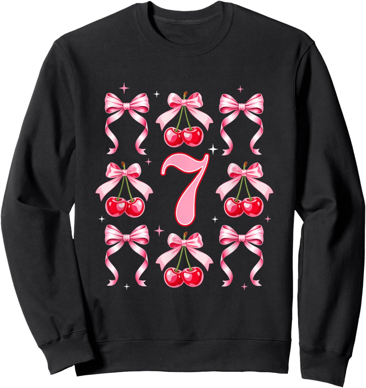 Birthday Girl 7Th Birthday Cherry Coquette Bow 7 Years Old Sweatshirt - Sweatshirt | Black