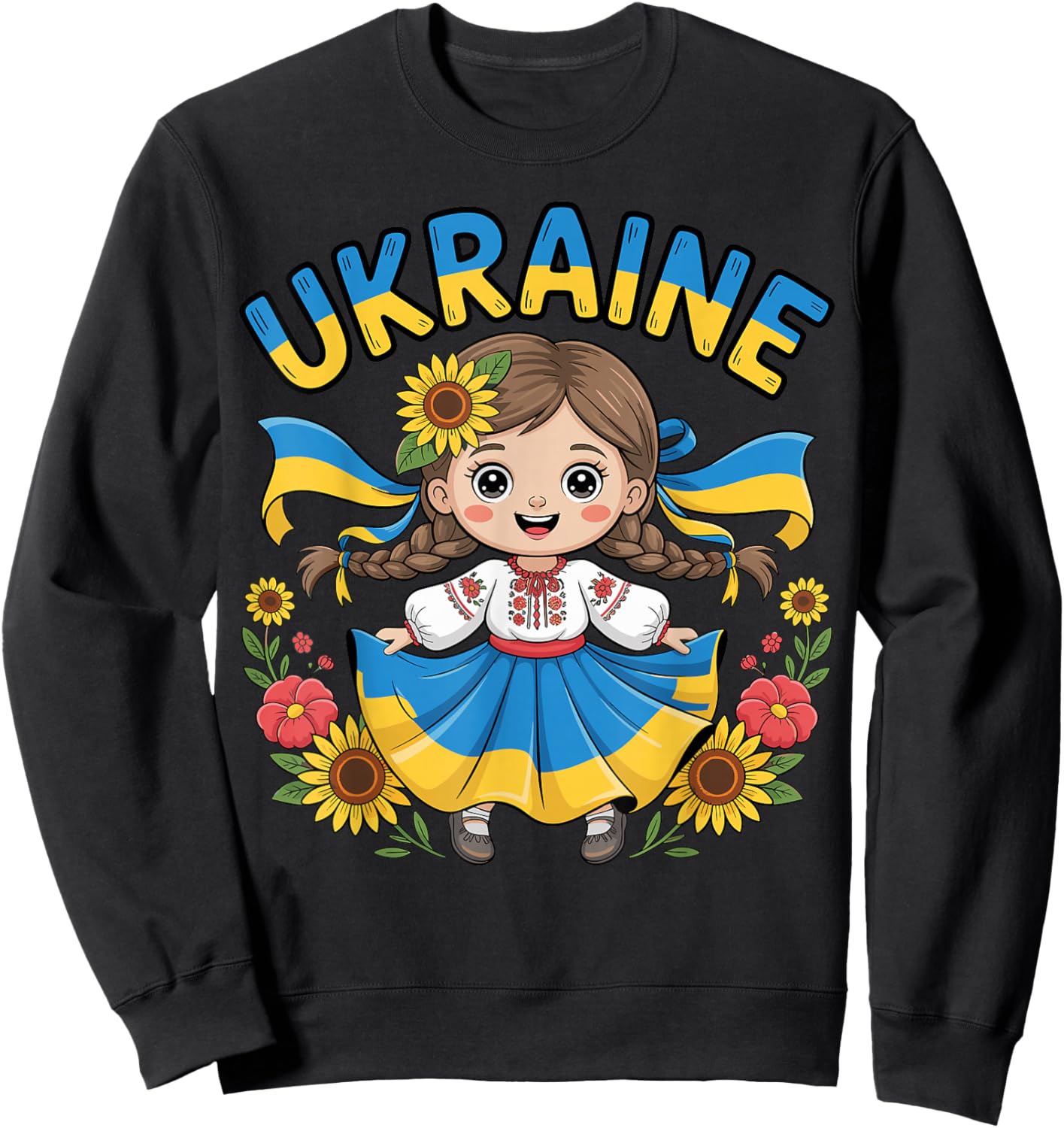 Cute Ukraine Girl Traditional Outfit with Sunflowers Kids Sweatshirt - Sweatshirt | Black
