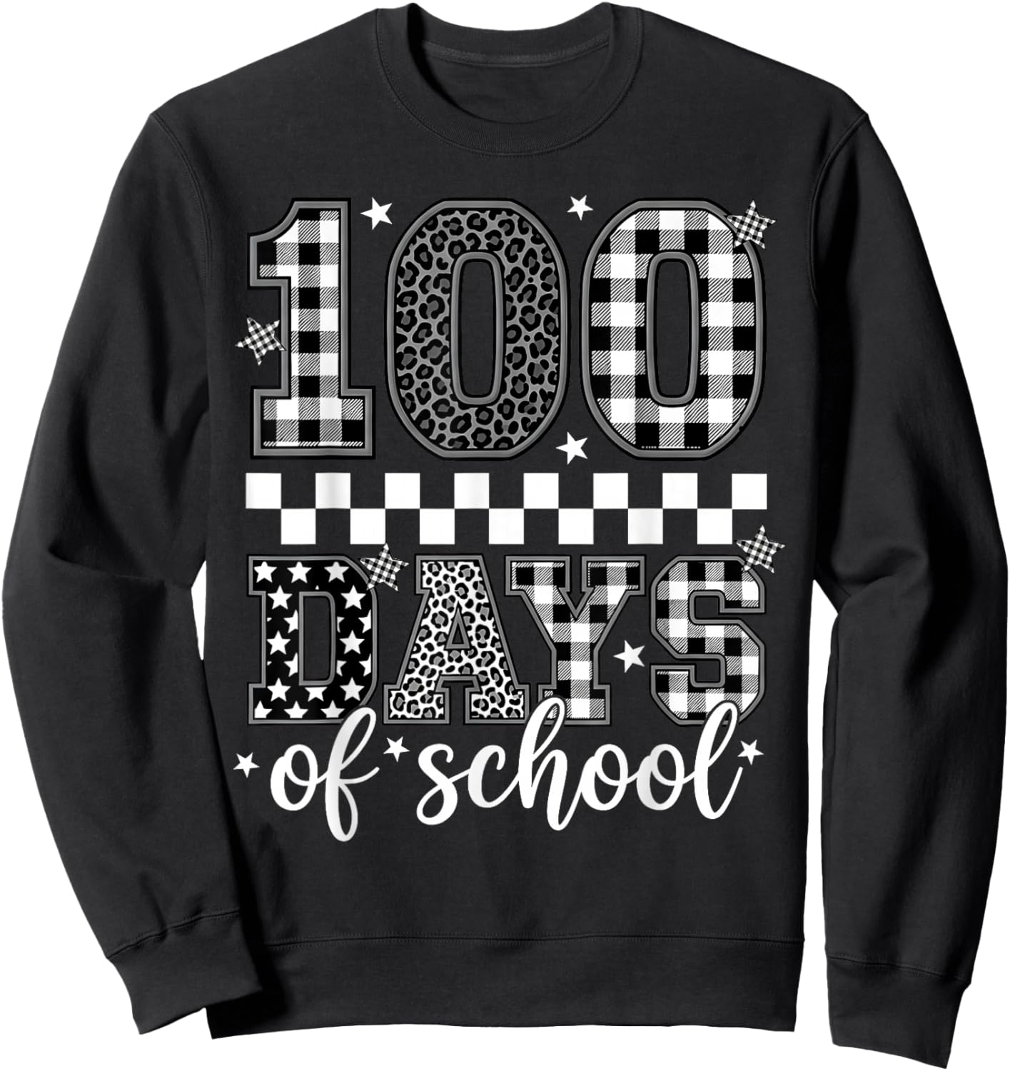 Black White Checkered Leopard 100 Days of School Teacher Kid Sweatshirt - Sweatshirt | Black