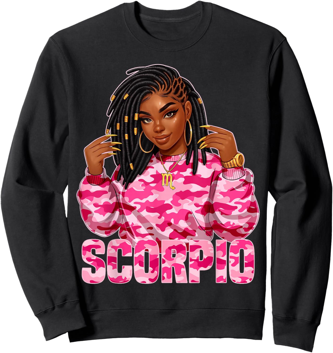 Scorpio Queen Loc'd Black Woman Pink Camo Zodiac Sign Sweatshirt - Sweatshirt | Black