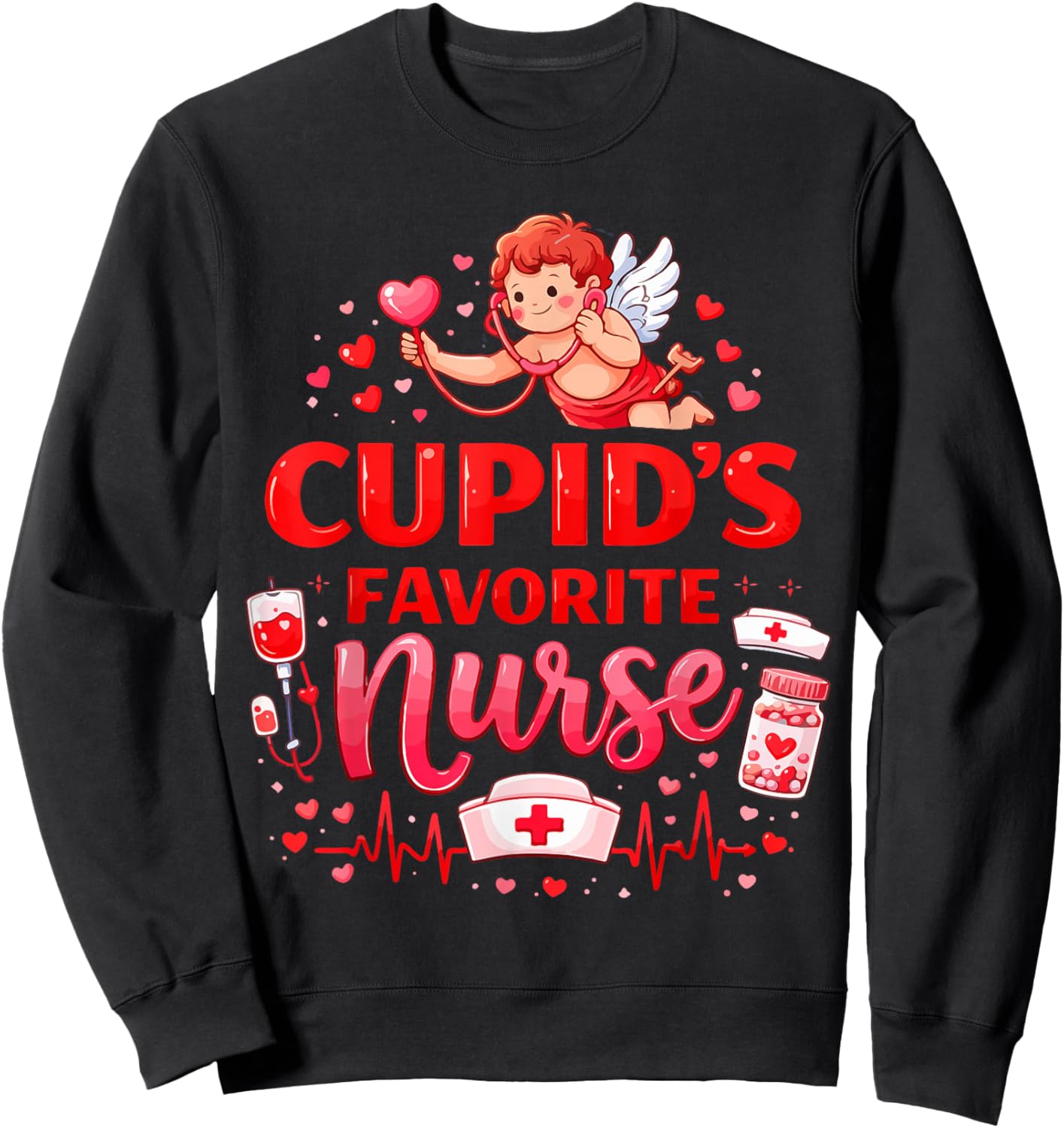 Women's Valentine Cupid’s Favorite Nurse ER Heart Girl Women Sweatshirt - Sweatshirt | Black