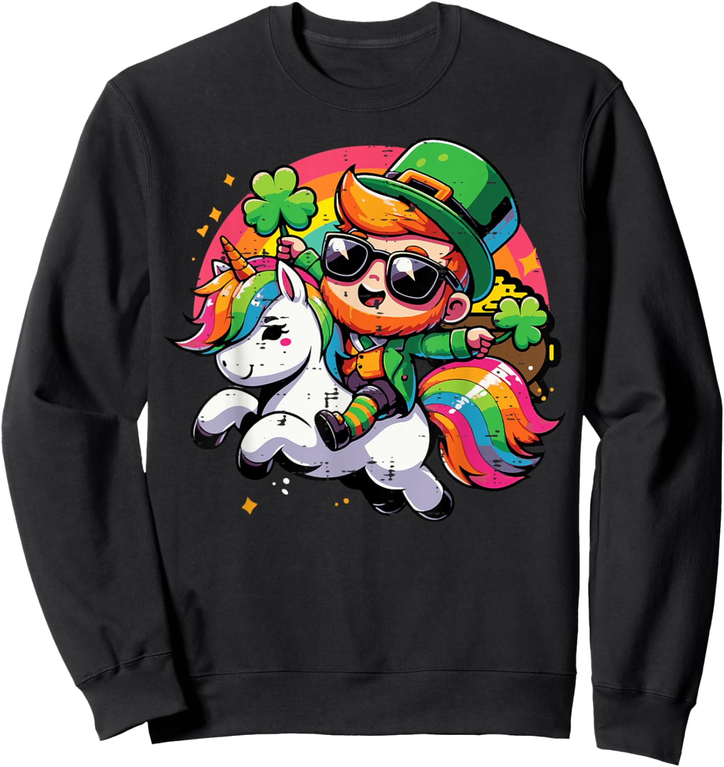 St Patricks Day Leprechaun On Unicorn Cute Saint Paddys Kids Sweatshirt - Sweatshirt | Black