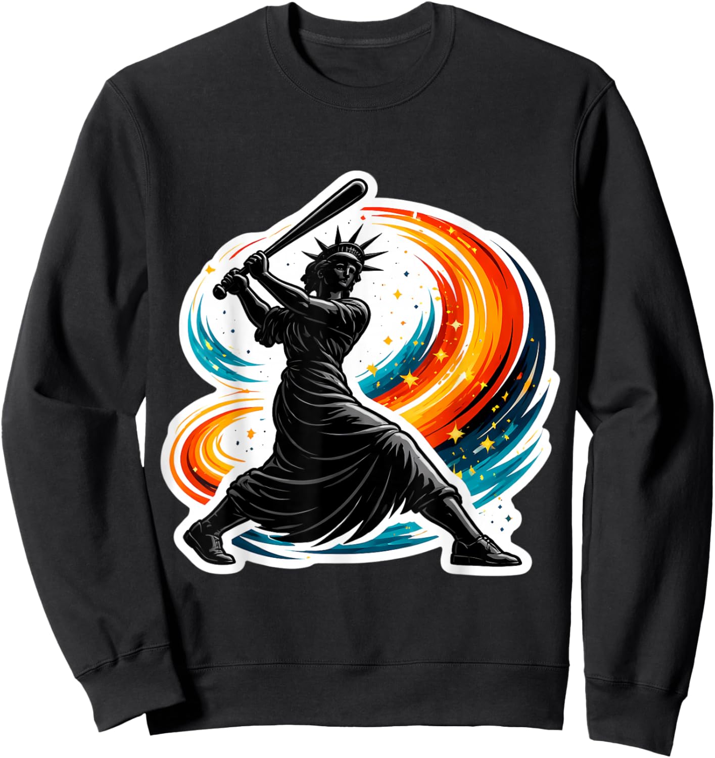 Statue of Liberty Swinging Baseball Bat American Softball Sweatshirt - Sweatshirt | Black