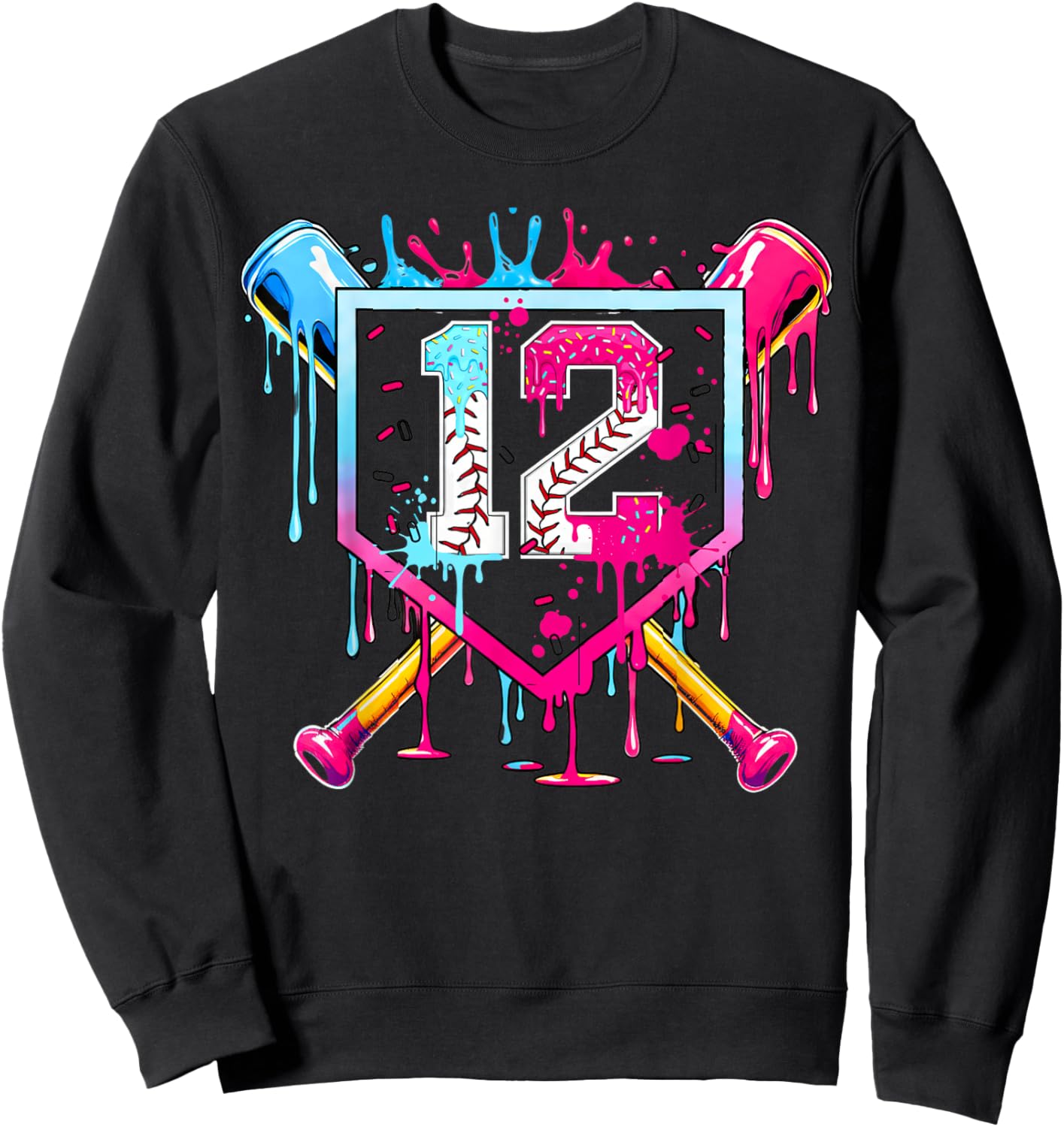 12th Birthday Boys Baseball Ice Cream Drip Boys Baseball Sweatshirt - Sweatshirt | Black
