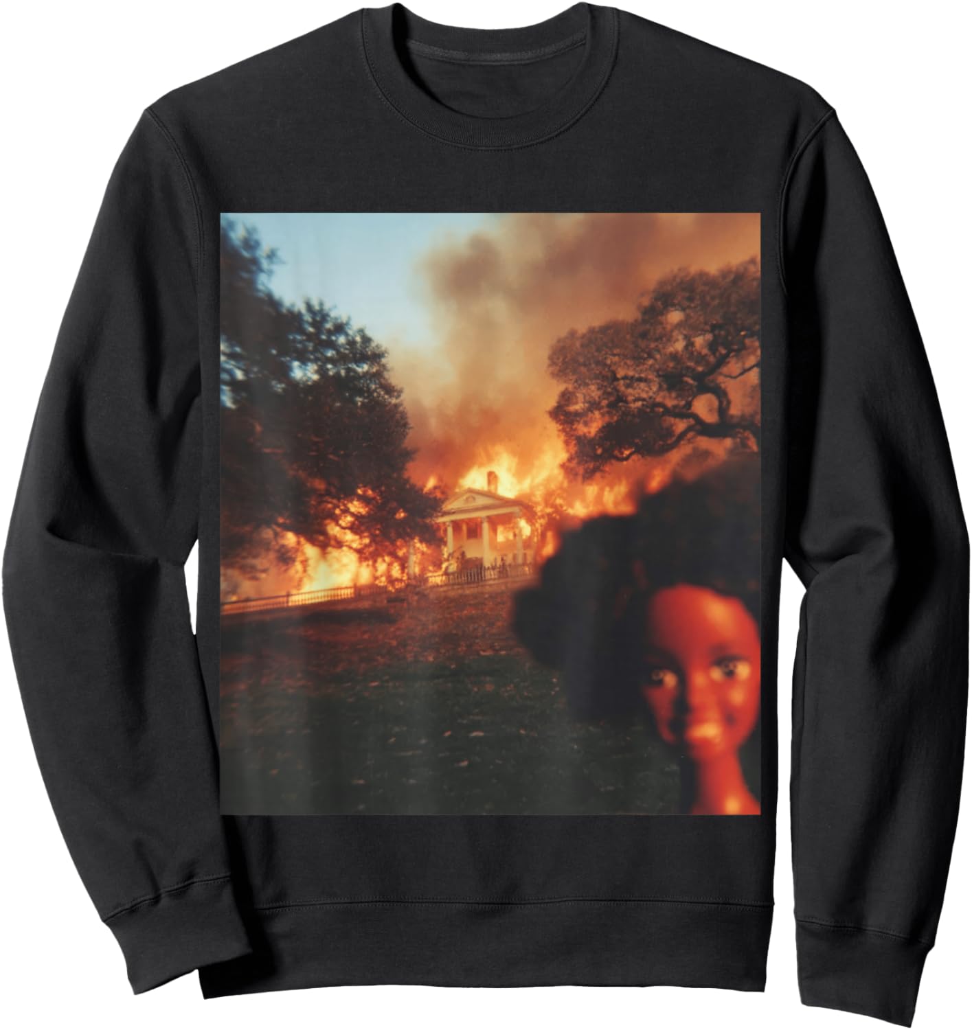 Funny Disaster Black Doll Face Meme Selfie House On Fire Sweatshirt - Sweatshirt | Black
