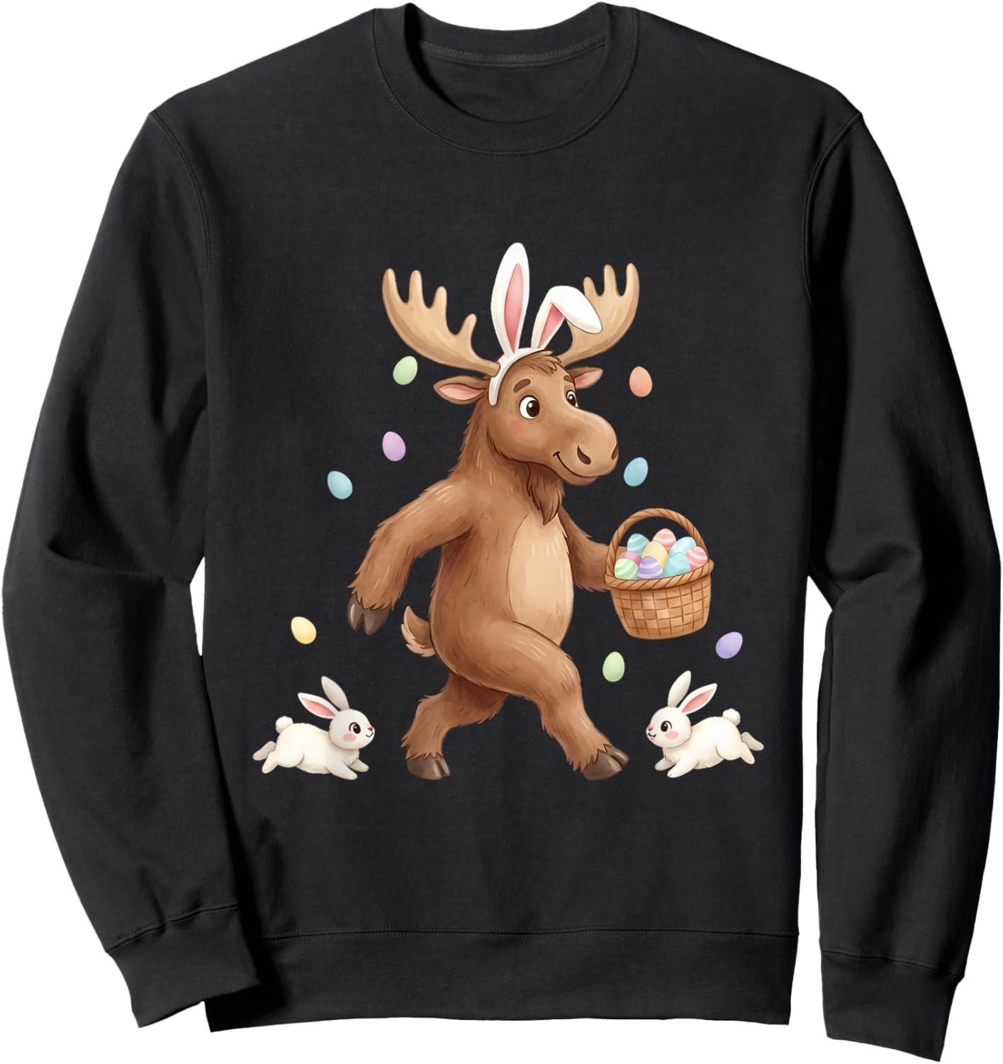Cute Easter Bunny Rabbit with Eggs Whimsical Moose Design Sweatshirt - Sweatshirt | Black