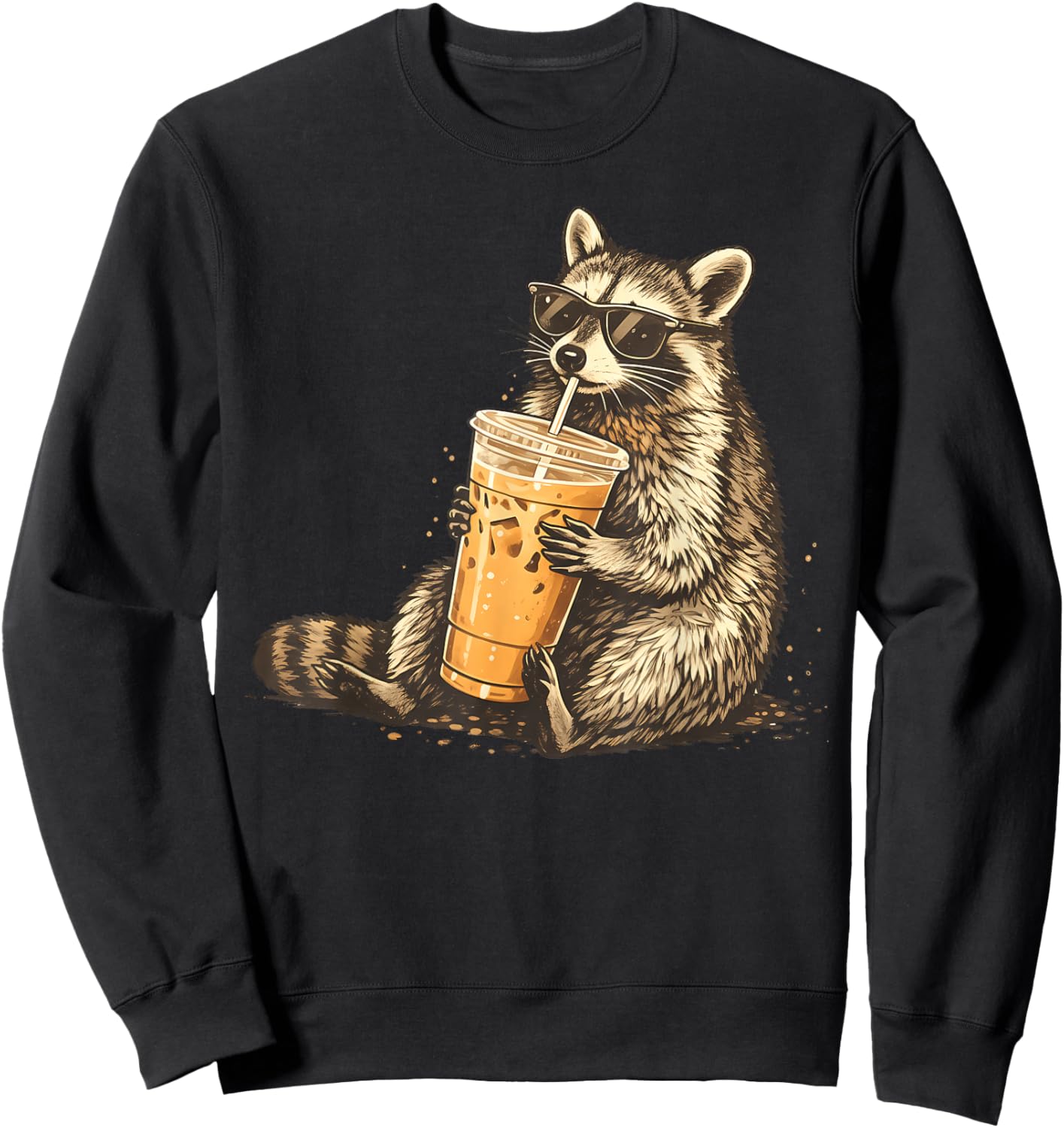 Raccoon Drinking Iced Coffee Funny Animal Meme Men Women Sweatshirt - Sweatshirt | Black