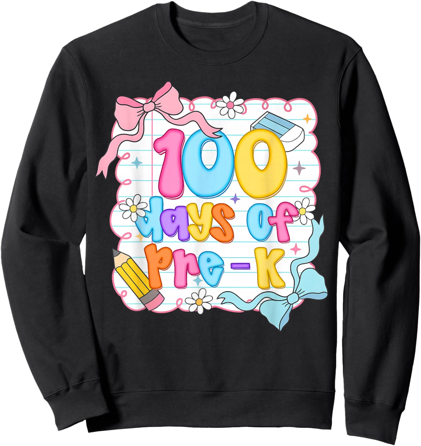 Preppy 100 Days of Pre-K Teacher Kids Coquette Bow Sweatshirt - Sweatshirt | Black