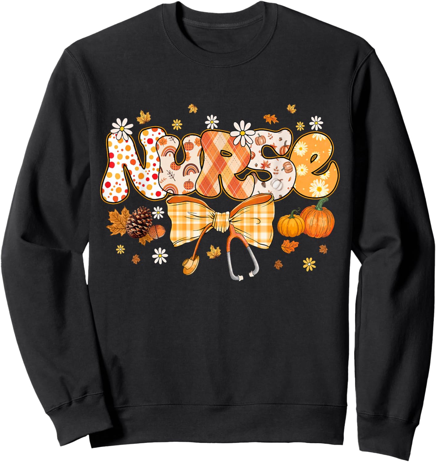 Retro Pumpkin Nurse Life Stethoscope Fall Happy Thanksgiving Sweatshirt - Sweatshirt | Black