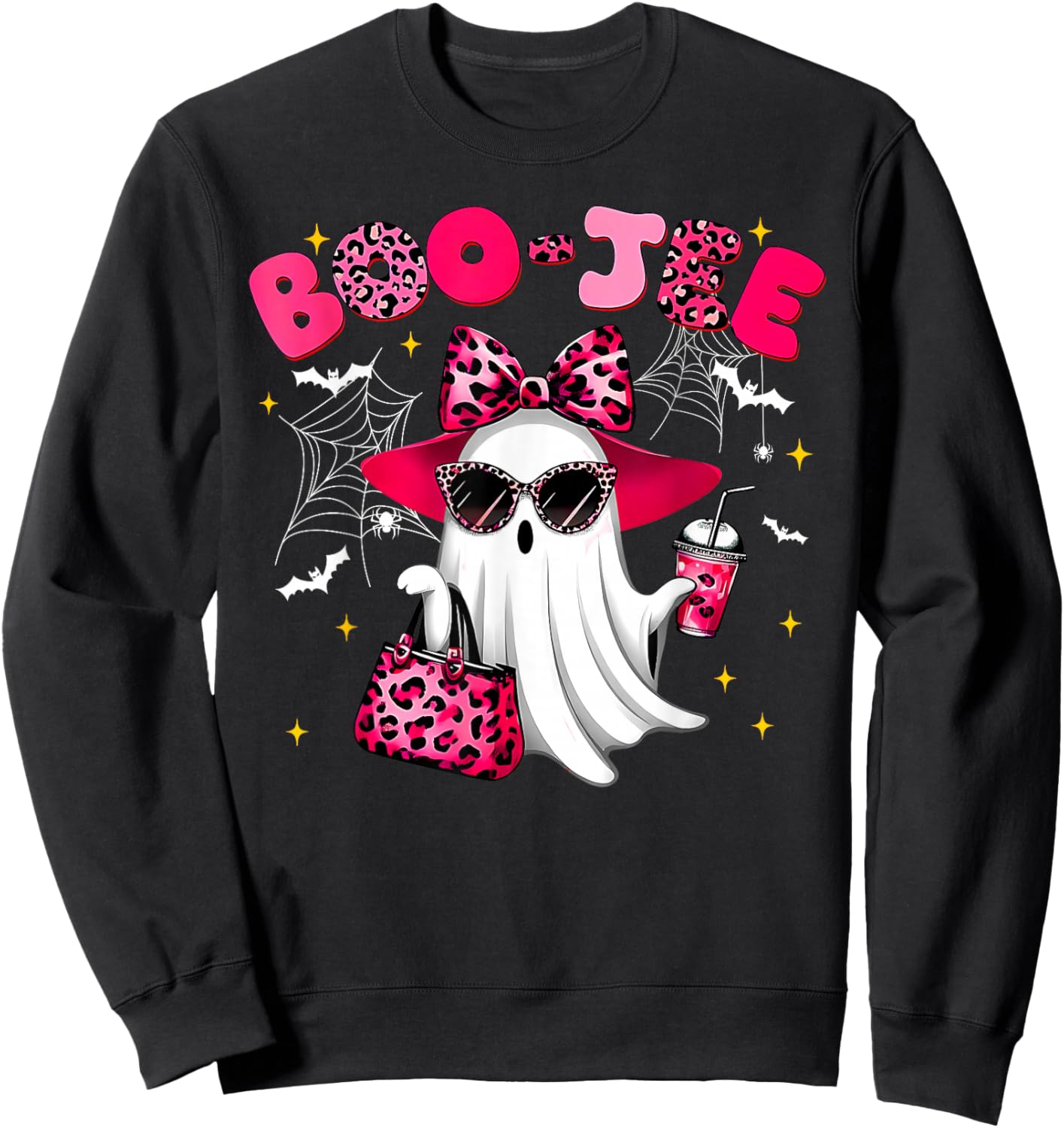 Cute Boo JEE Ghost Halloween Pink Leopard Bow Ghost Sweatshirt - Sweatshirt | Black