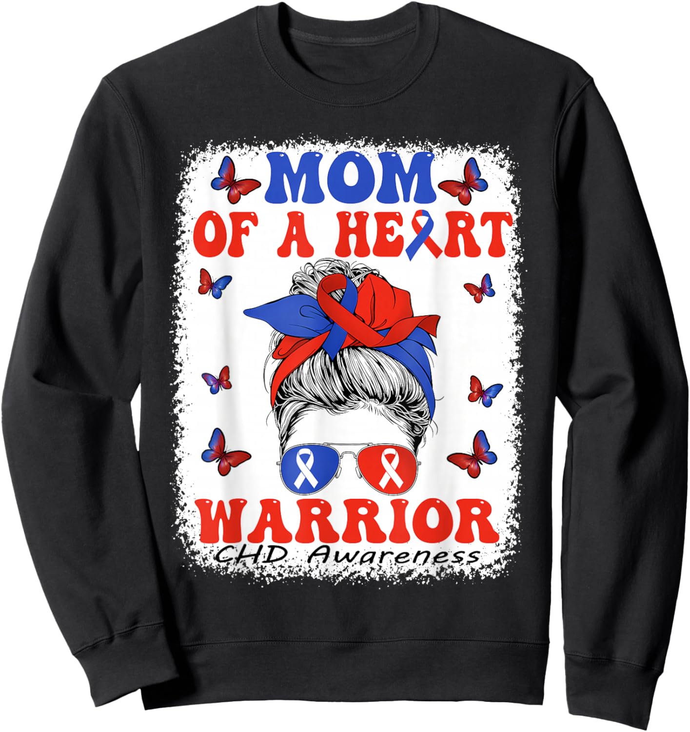 Mom of a Heart Warrior Heart Disease Awareness CHD Messy Bun Sweatshirt - Sweatshirt | Black