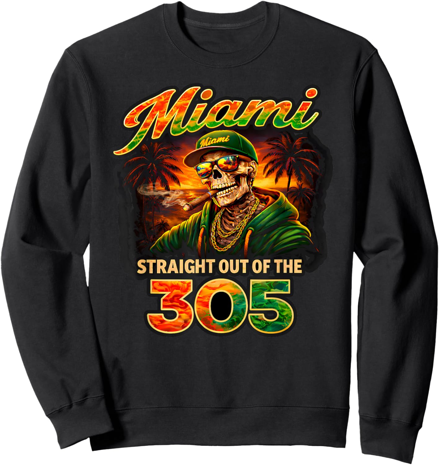 Miami Straight Outta The 305 Skeleton Florida Beach Scene Sweatshirt - Sweatshirt | Black