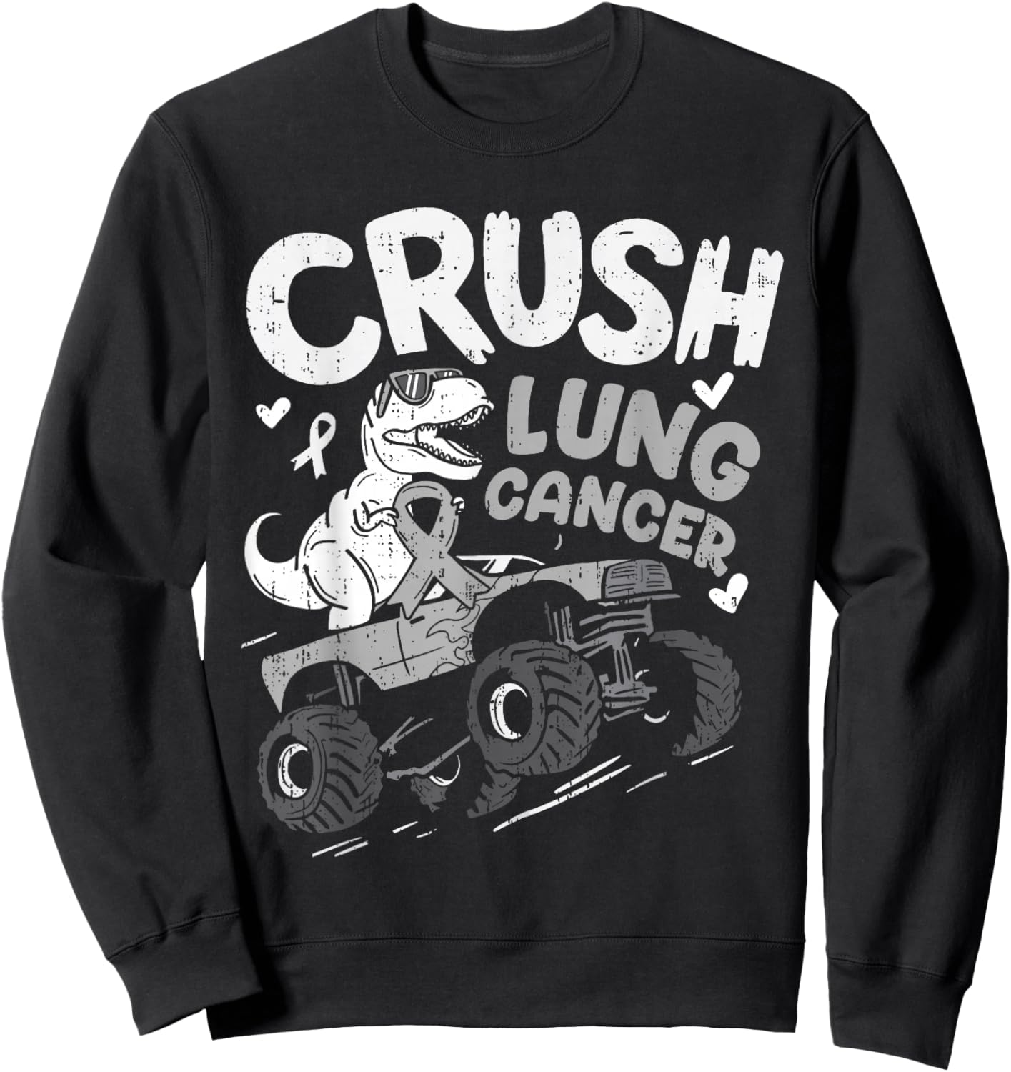 Crush Lung Cancer Awareness Dino T Rex White Ribbon Boy Kids Sweatshirt - Sweatshirt | Black