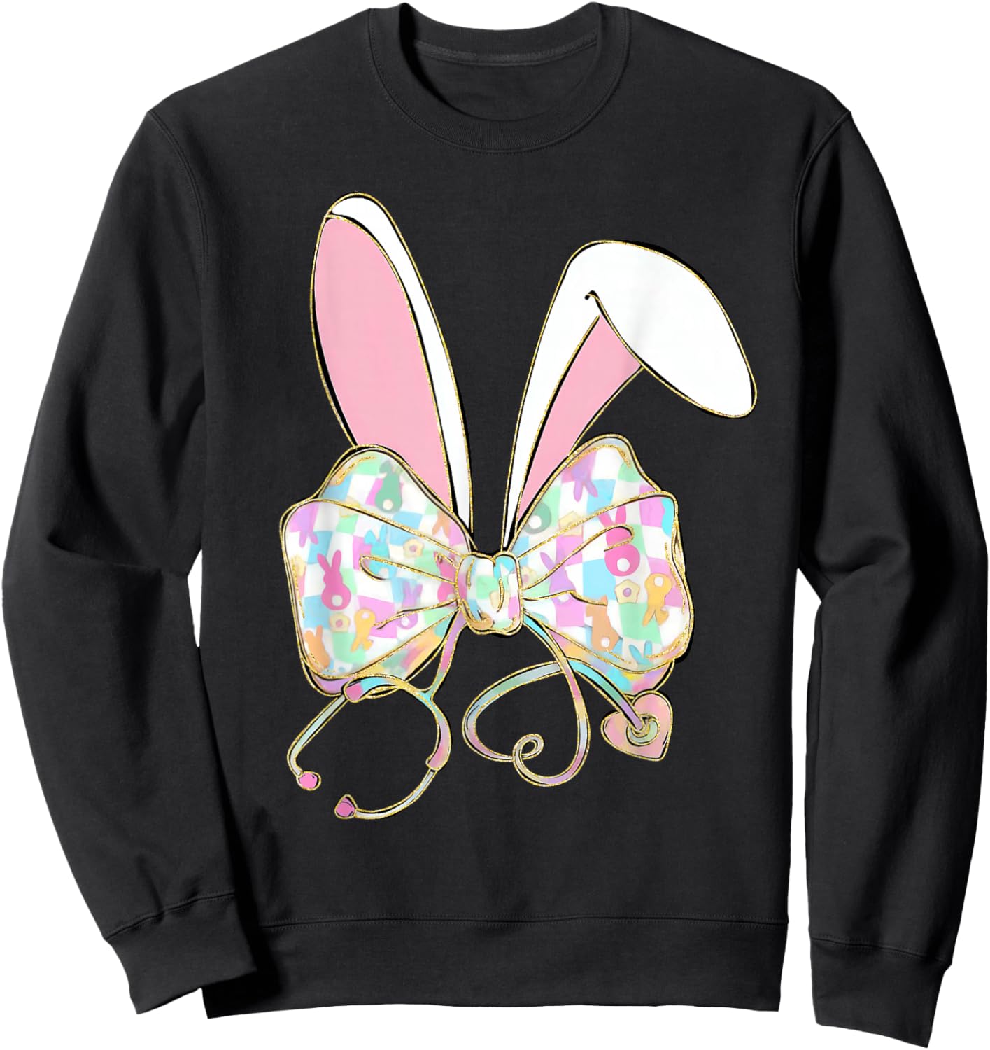 Nurse Stethoscope Coquette Bow Funny Bunny Eggs Happy Easter Sweatshirt - Sweatshirt | Black