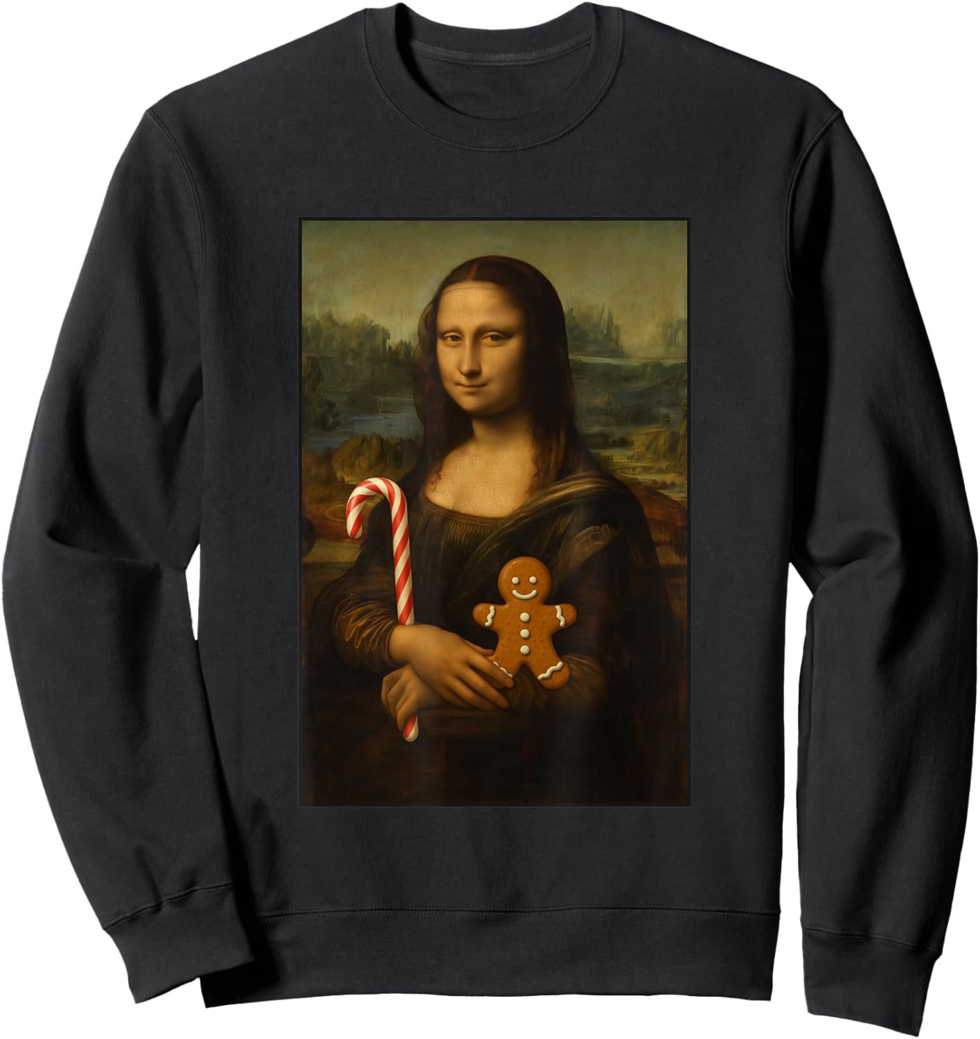 Mona Lisa Candy Gingerbread Cane Funny Christmas Art Sweatshirt - Sweatshirt | Black