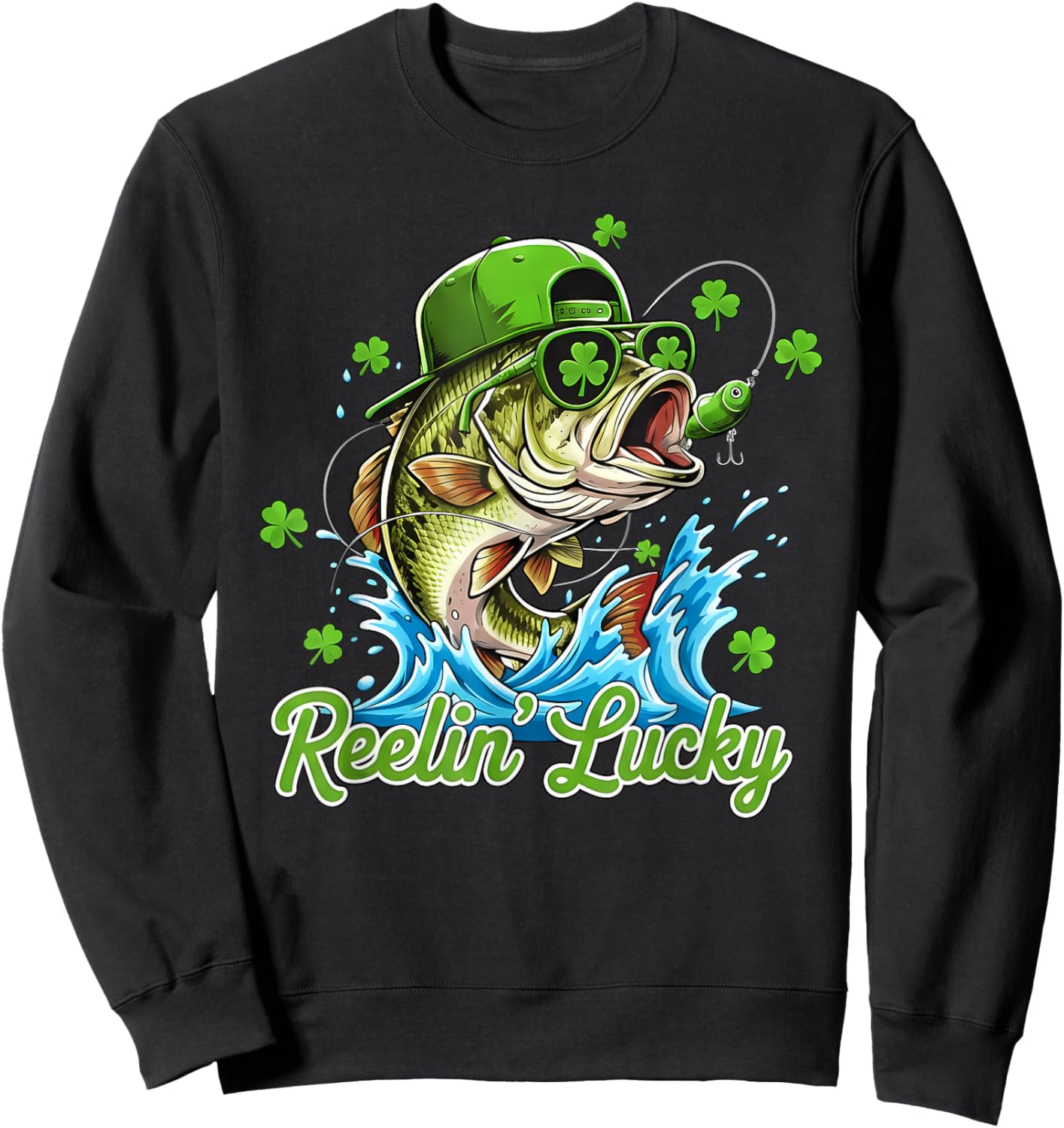 Reelin' Lucky Bass Fishing Fisherman St Patricks Day Sweatshirt - Sweatshirt | Black