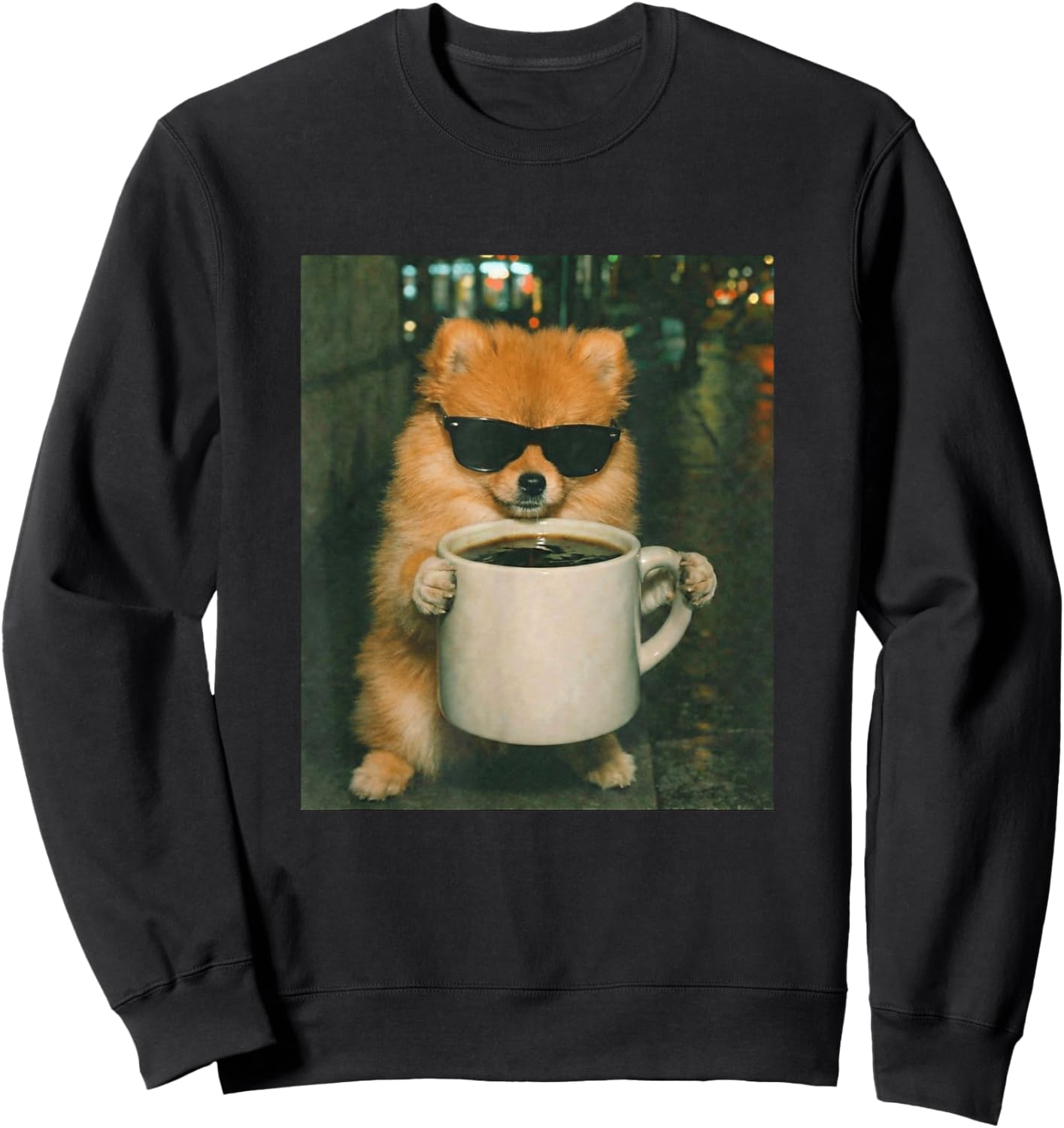 Funny Pomeranian Drinking Coffee Meme Retro Urban Gen Z Sweatshirt - Sweatshirt | Black