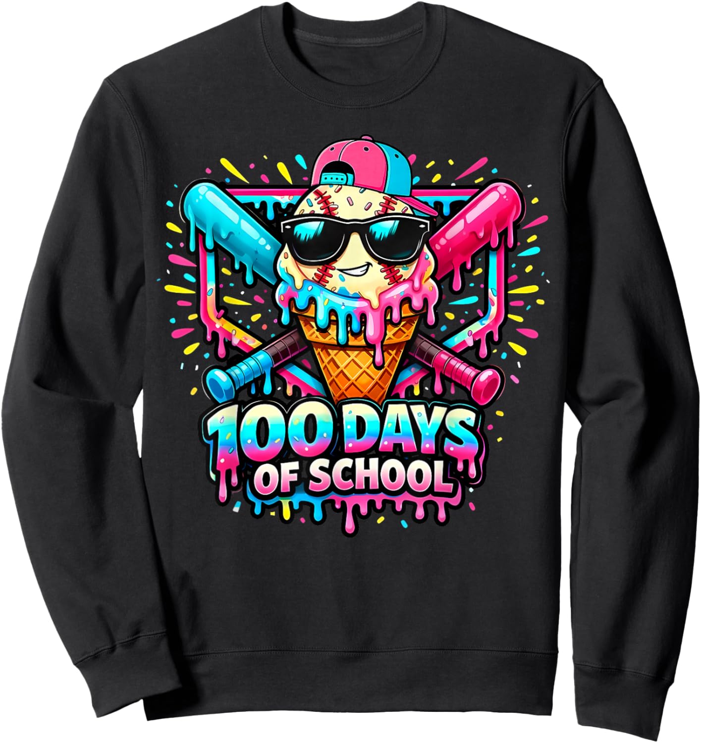 Baseball Ice Cream Drip 100 Days of School Boys Girls 100th Sweatshirt - Sweatshirt | Black