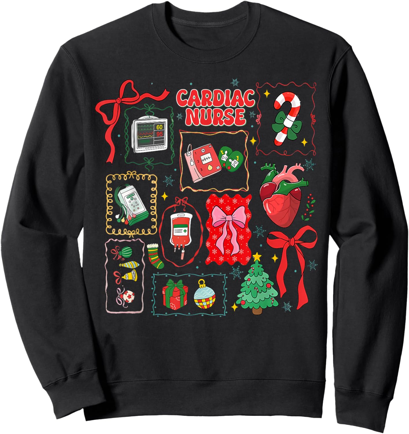 Stamp Bow Christmas Cardiac Nurse Heart Anatomy CVICU Crew Sweatshirt - Sweatshirt | Black