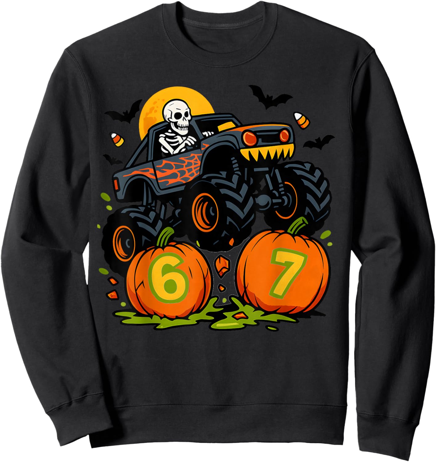 67 Halloween Monster Truck Skeleton Six Seven Meme Boys Kids Sweatshirt - Sweatshirt | Black