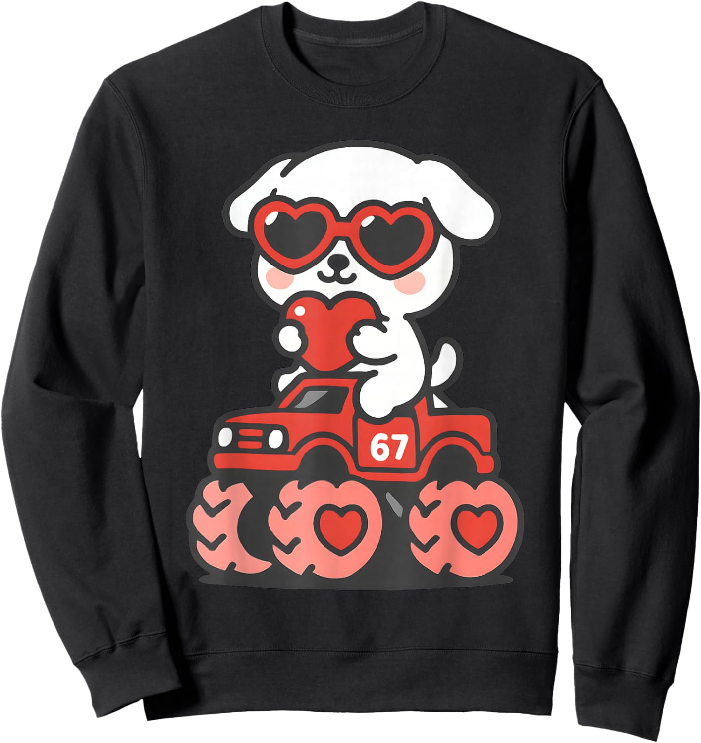 Valentines Day Kawaii Dog Riding Truck Funny Puppy Vday Sweatshirt - Sweatshirt | Black