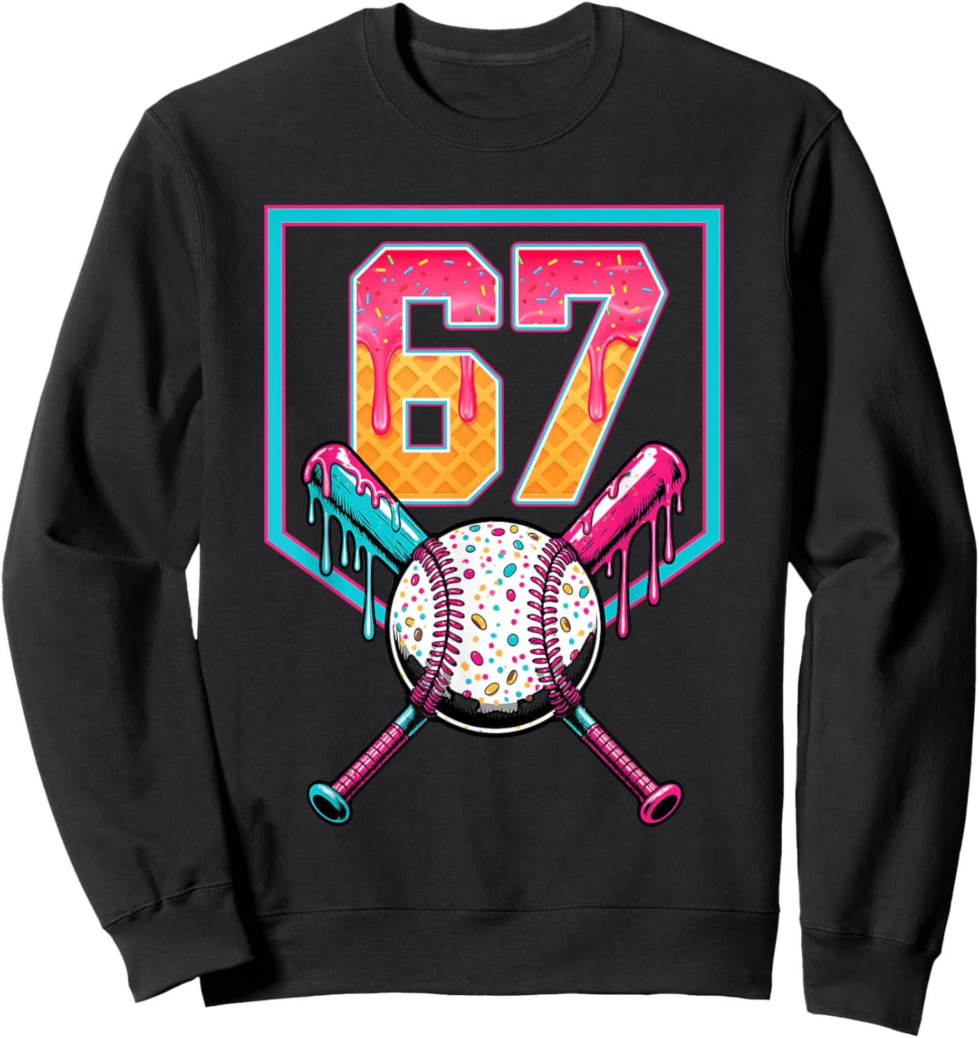 Baseball Ice Cream Drip Number 67 Player 67th Birthday Men Sweatshirt - Sweatshirt | Black