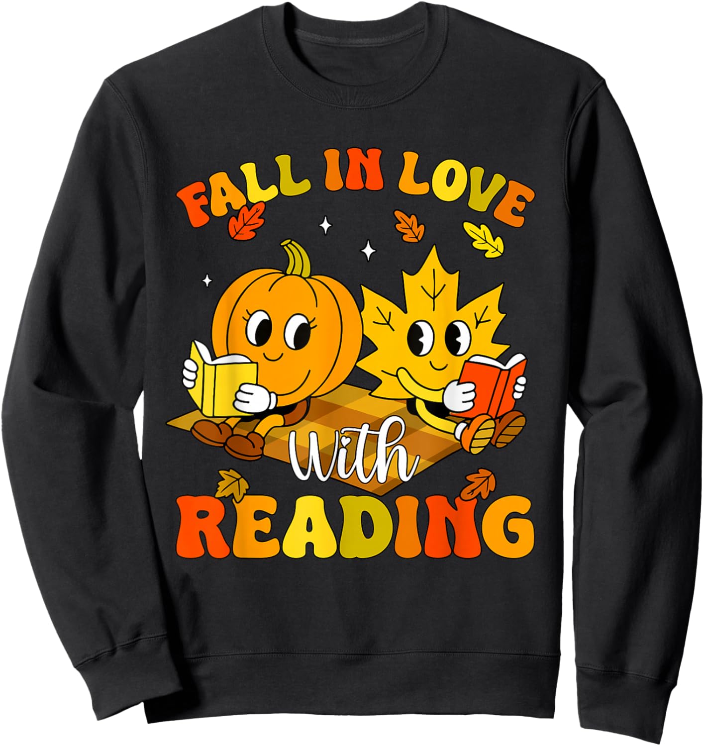 Retro Fall in Love with Reading Autumn Leaf Pumpkin Teacher Sweatshirt - Sweatshirt | Black
