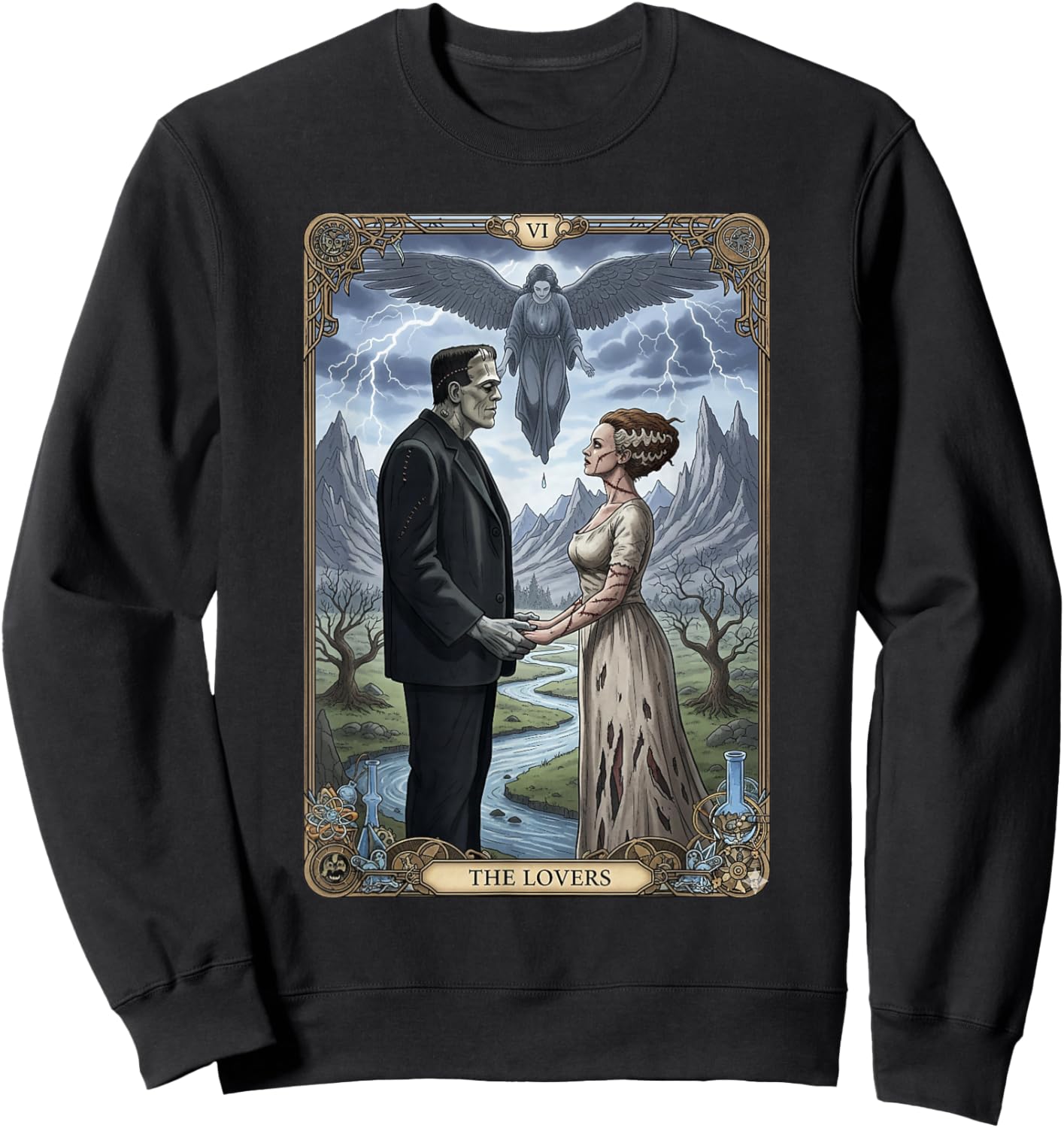 The Monster Frankenstein and Bride Lovers Tarot Card Sweatshirt - Sweatshirt | Black