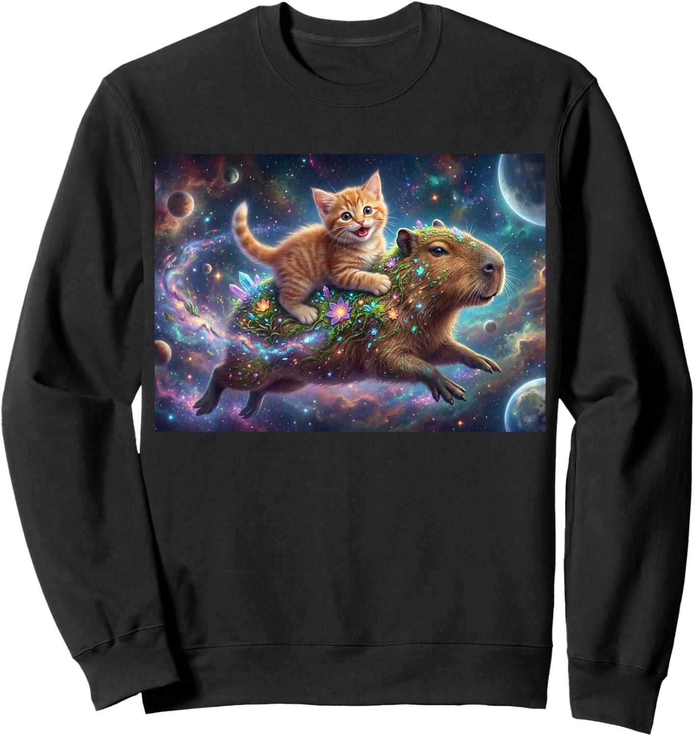 Funny Cat Riding Capybara in Space Galaxy Fantasy Art Sweatshirt - Sweatshirt | Black
