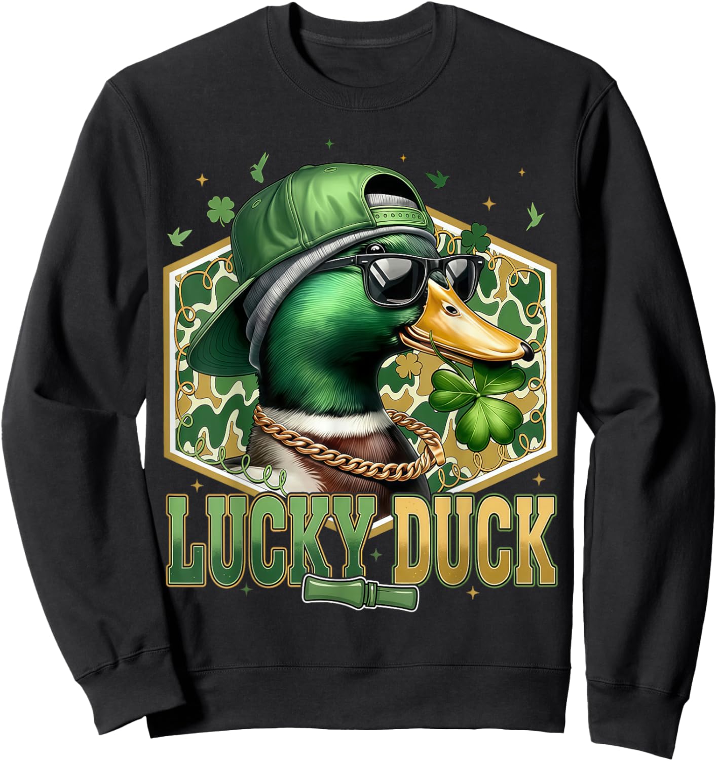 Lucky Duck Camo Duck Hunting Shamrock St Patrick's Day Sweatshirt - Sweatshirt | Black