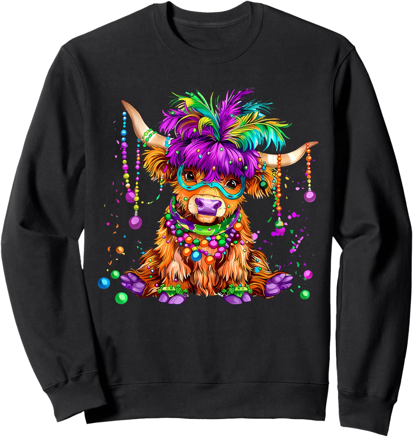 Cute Mardi Gras Highland Cow Moody Gras Women Girl Kid Sweatshirt - Sweatshirt | Black