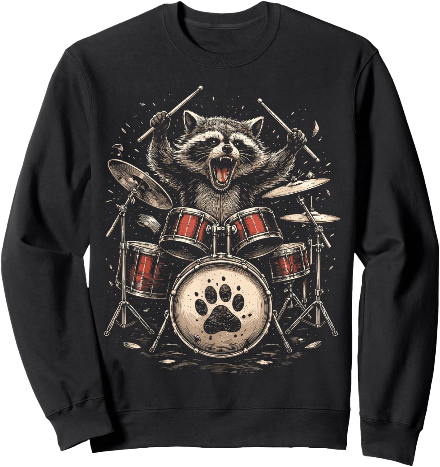 Raccoon Drummer Rock Band Animal Graphic Sweatshirt - Sweatshirt | Black