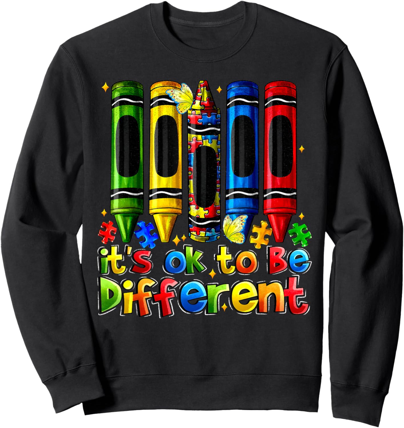 It's Ok to Be Different Crayons Autism Awareness Puzzle Sweatshirt - Sweatshirt | Black