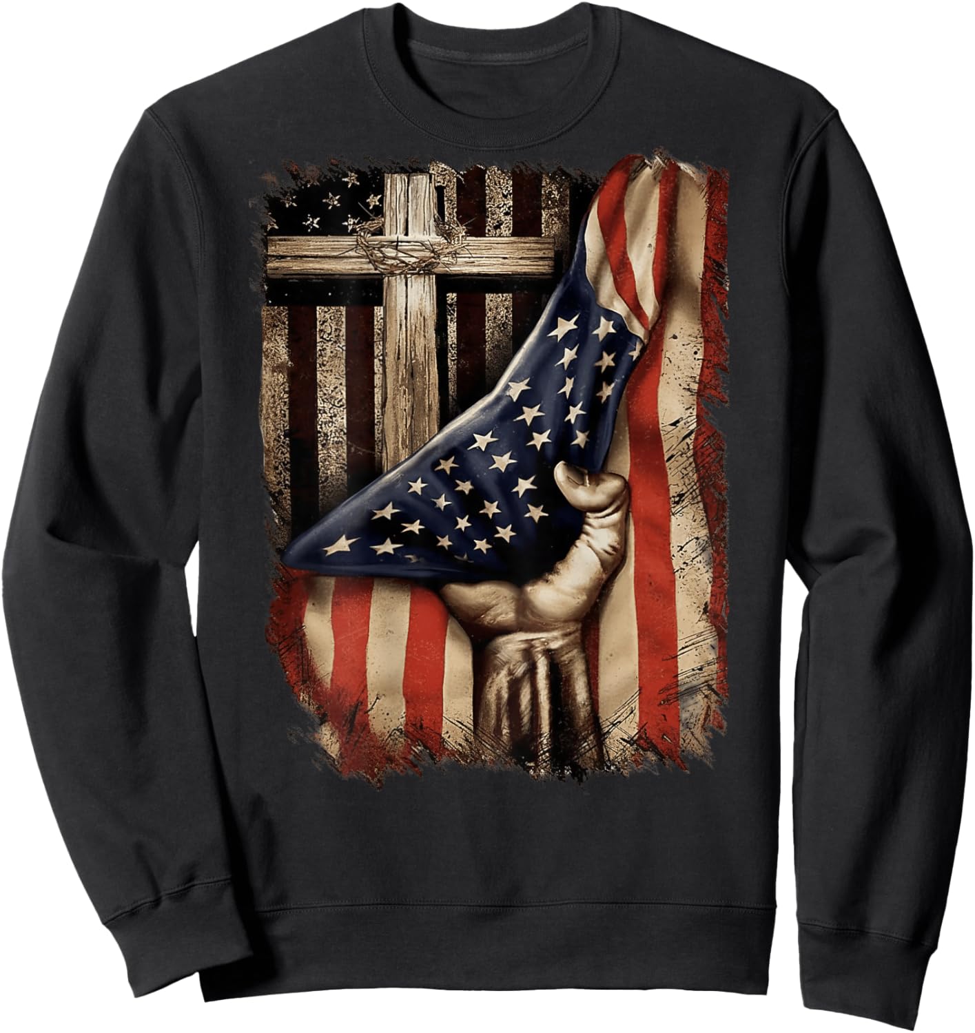 American USA Flag Christian Cross Patriotic (On Back) Sweatshirt - Sweatshirt | Black