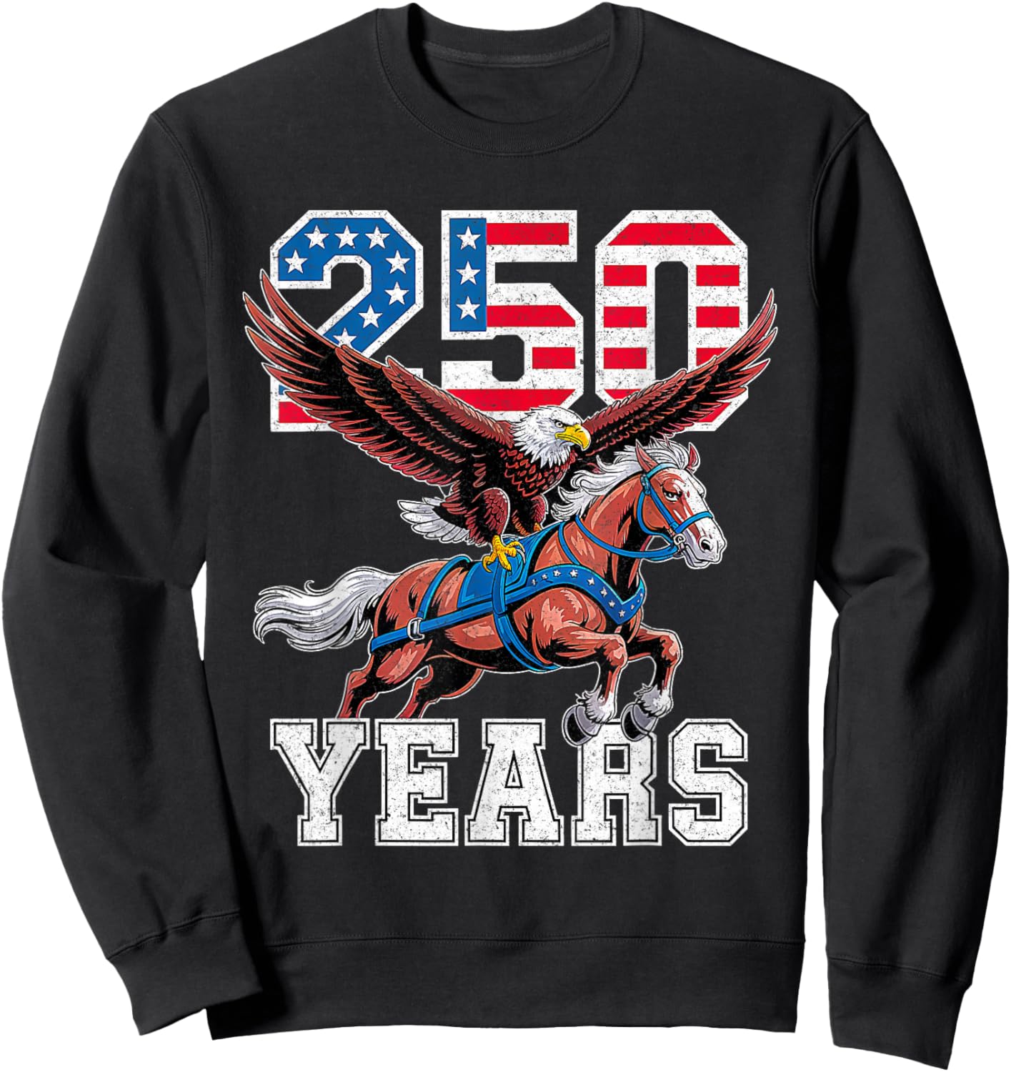 Retro USA 250th Anniversary Bald Eagle and Clydesdale Horse Sweatshirt - Sweatshirt | Black