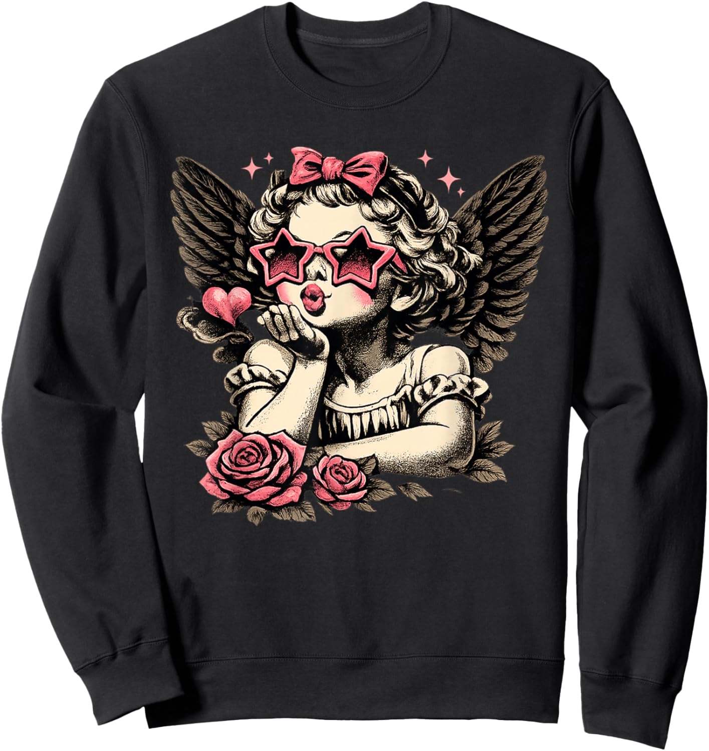 Retro Valentine Day Cute Vintage Cupid Blowing Kiss Star Sweatshirt - Sweatshirt | Black